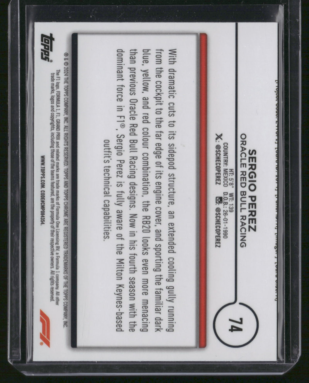 Sergio Perez 2024 Topps Chrome F1 #74 Checkerboard Refractor