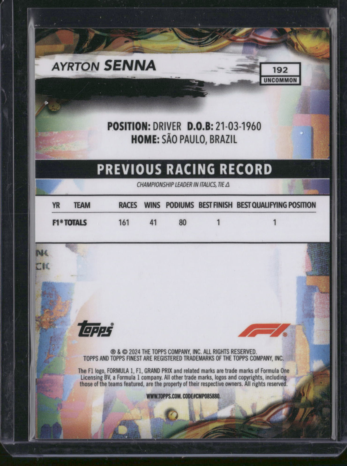 Ayrton Senna 2024 Topps Finest F1 #192 /150
