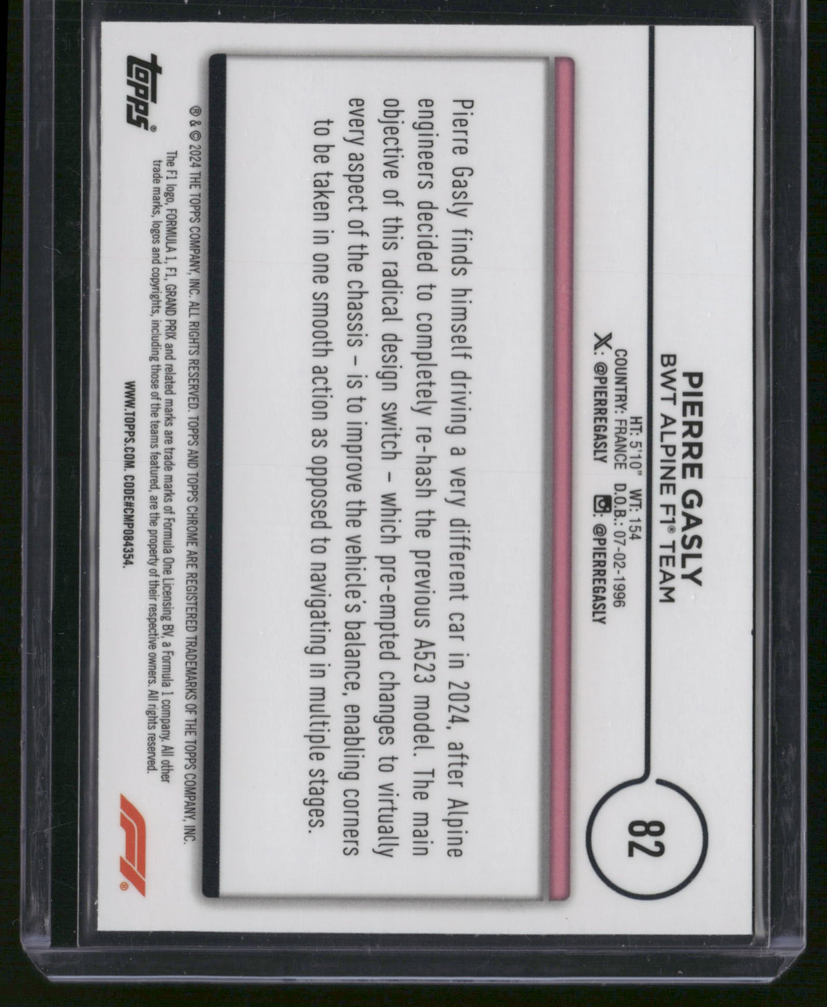 Pierre Gasly 2024 Topps Chrome Formula 1 #82 Pink Refractor