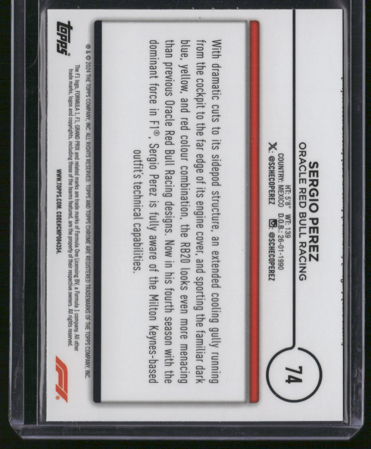 Sergio Perez 2024 Topps Chrome F1 #74 Checkerboard