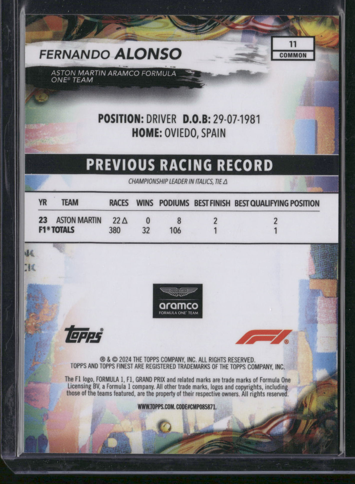 Fernando Alonso 2024 Topps Finest F1 #11 /200