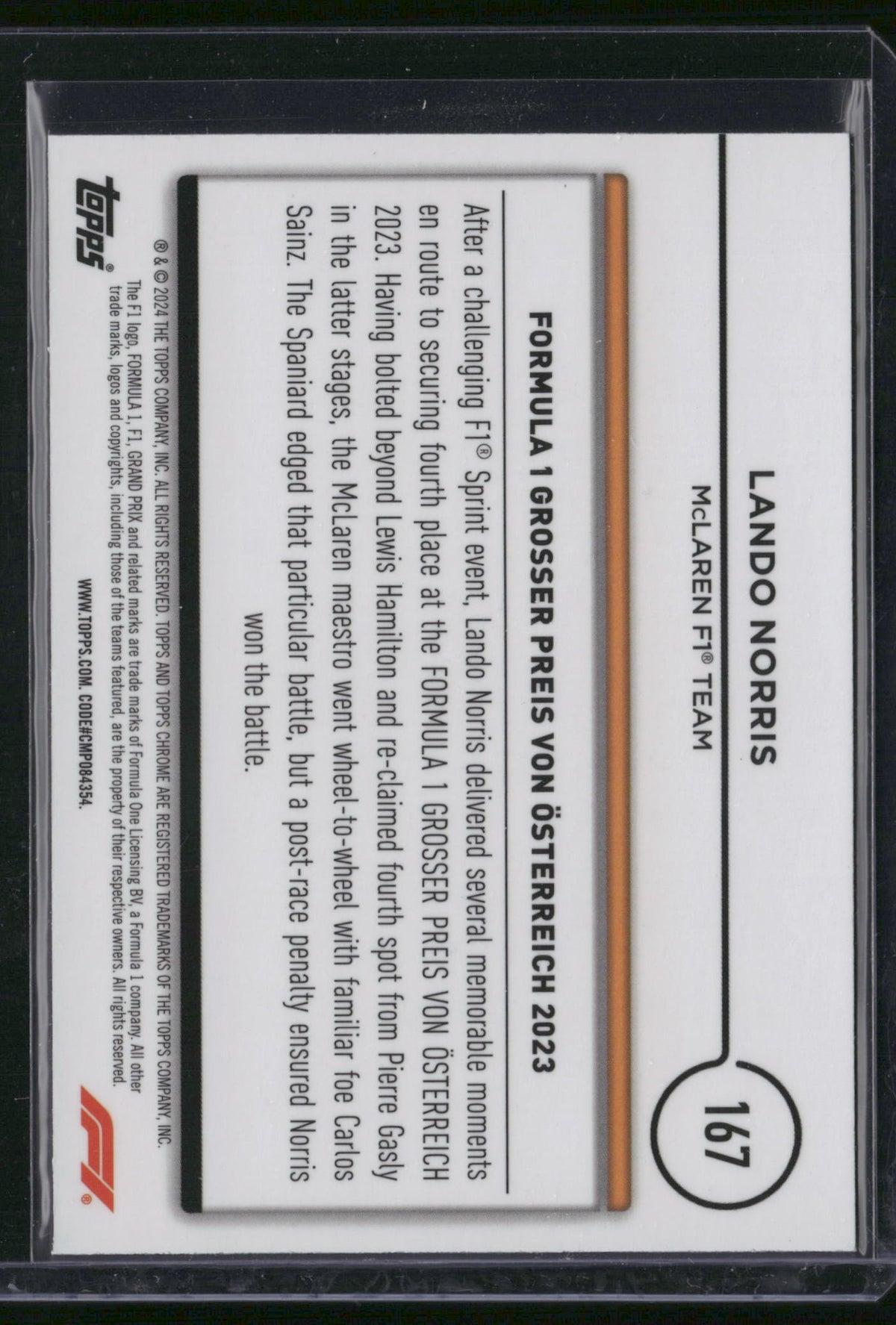 Lando Norris 2024 Topps Chrome Formula 1 #167 Cracked Ice