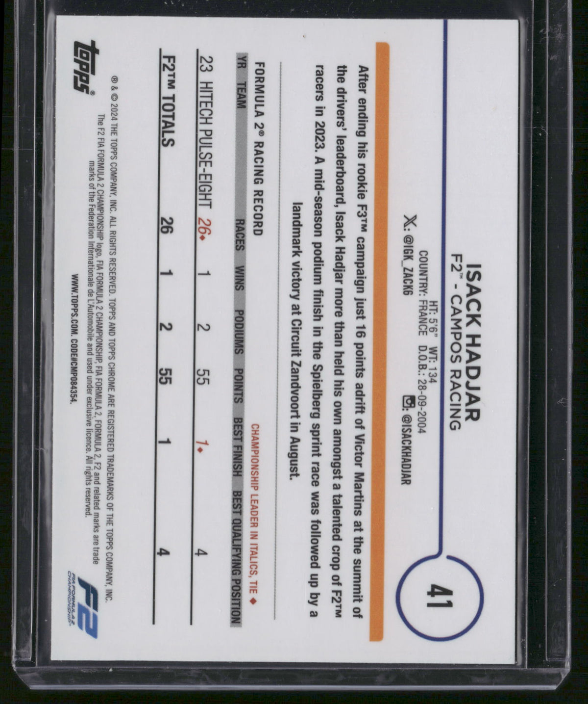 Isack Hadjar 2024 Topps Chrome Formula 1 #41 Pink /75 Future Stars