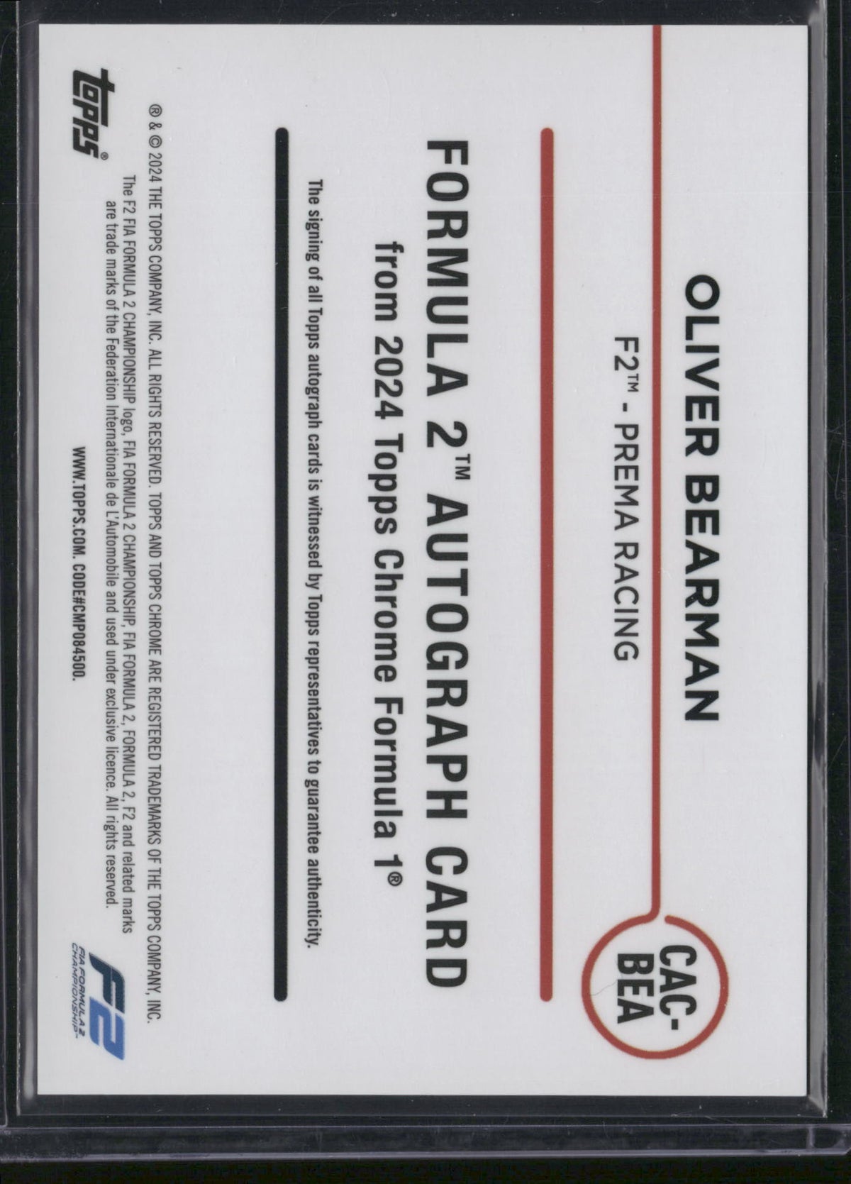 Oliver Bearman 2024 Topps Chrome Formula 1 #CAC-BEA Topps Certified Autograph Issue