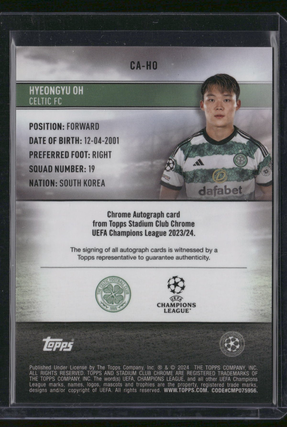 Hyeongyu Oh 2024 Topps Stadium Club Chrome UEFA Champions League #CA-HO Chrome Autograph card