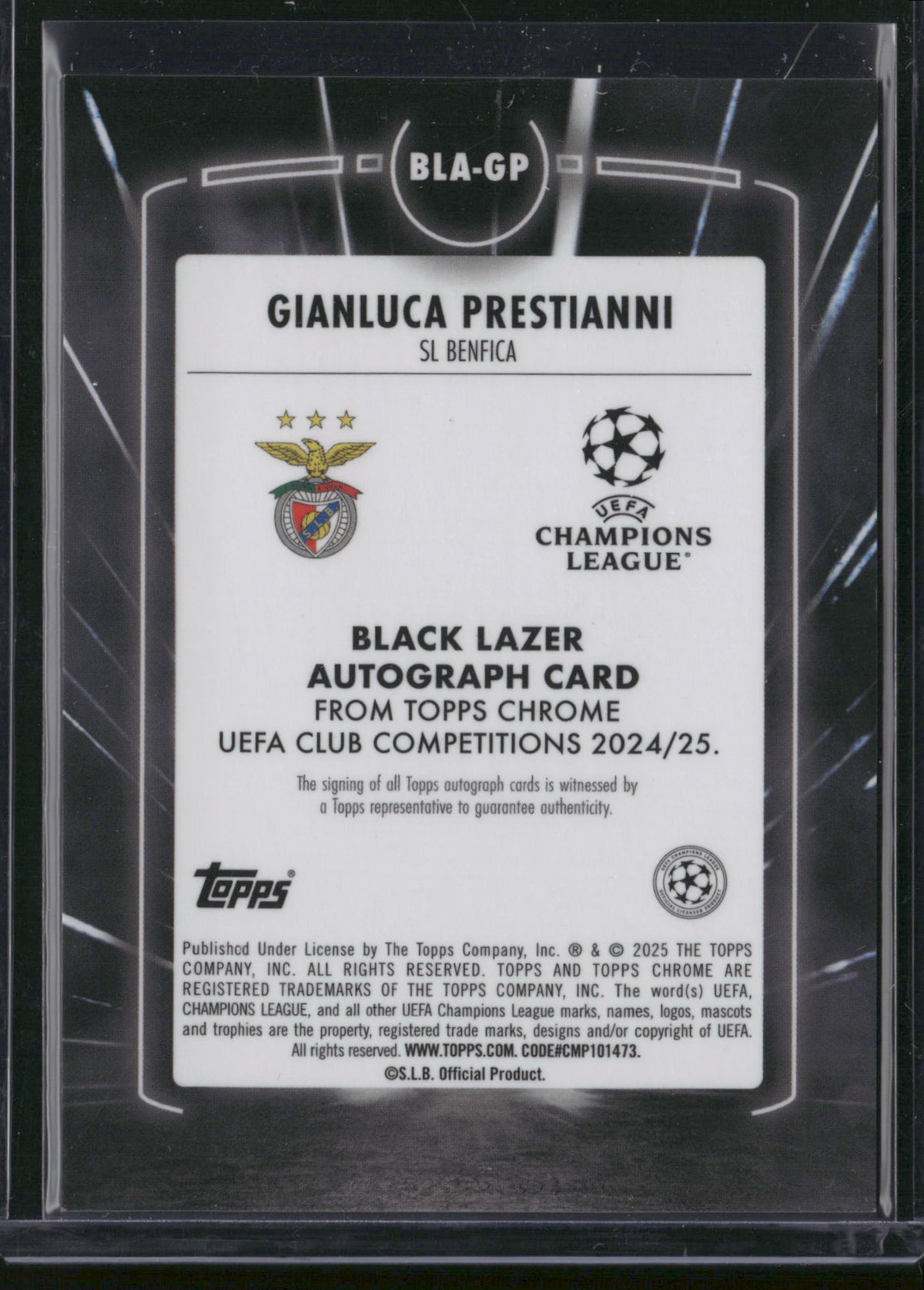Gianluca Prestianni 2025 Topps Chrome UEFA Club Competitions #BLA-GP Black Lazer RC