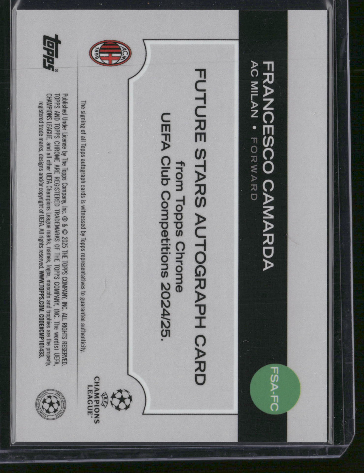 Francesco Camarda 2025 Topps Chrome UEFA Club Future Stars #FSA-FC Pink Auto/250