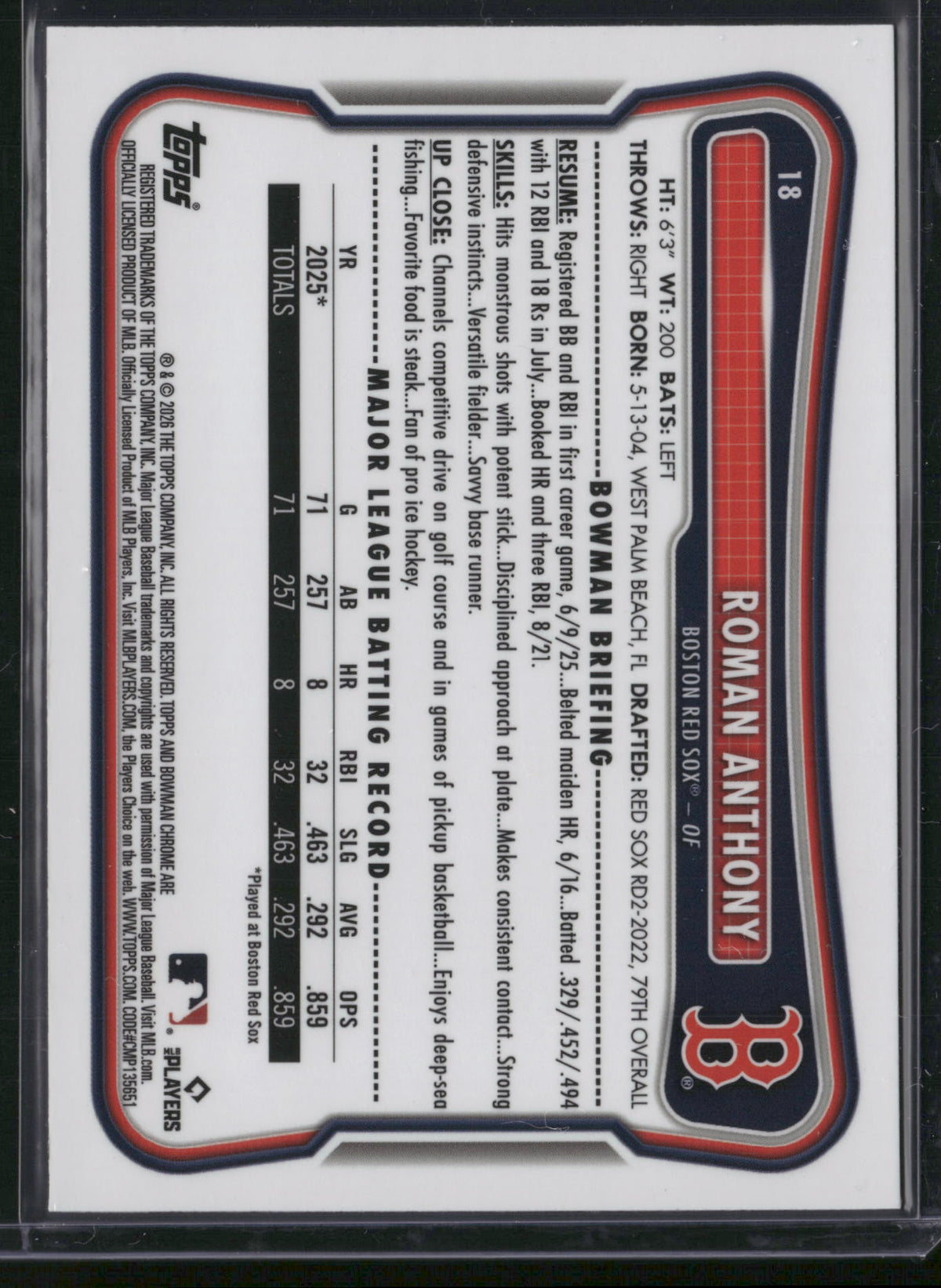 Roman Anthony 2024 Bowman Chrome #18 Purple Mojo Refractor /250 RC