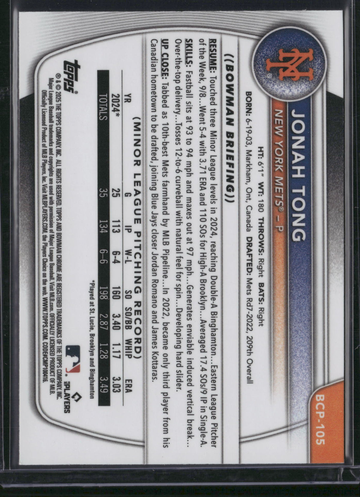 Jonah Tong 2025 Topps Bowman Chrome #BCP-105 Speckle Refractor /299