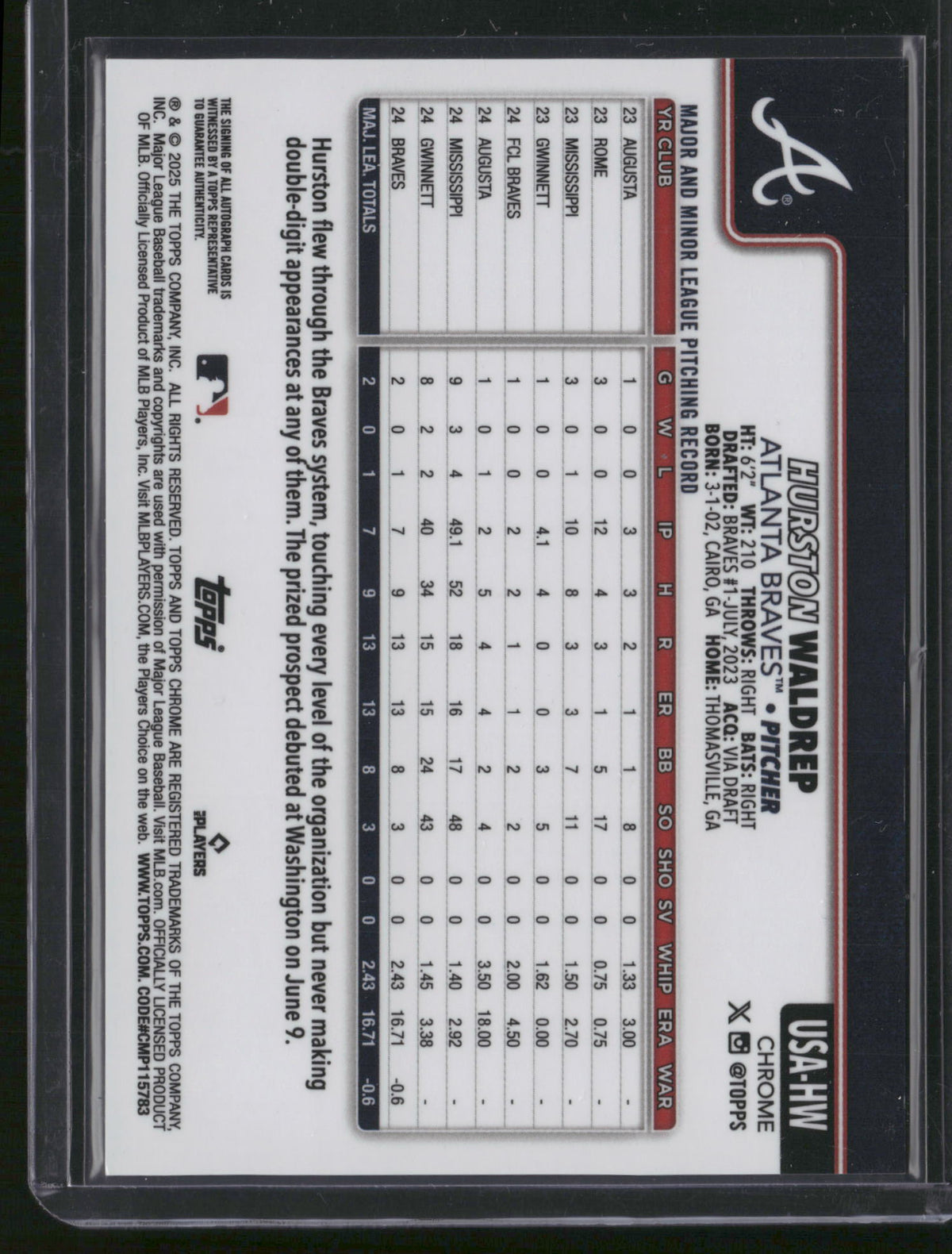Hurston Waldrep 2025 Topps Chrome #USA-HW Blue Logofractor /199 RC