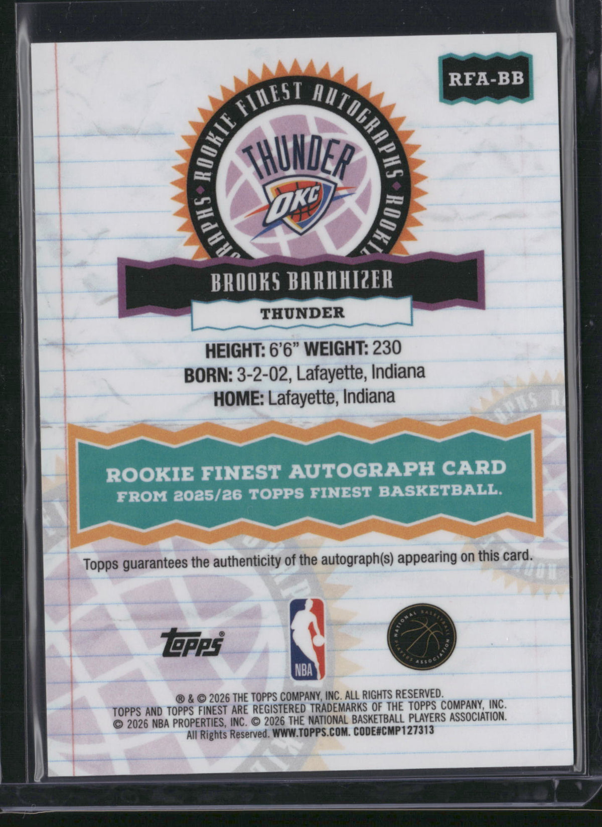 Brooks Barnhizer 2026 Topps Finest #RFA-BB /25 RC