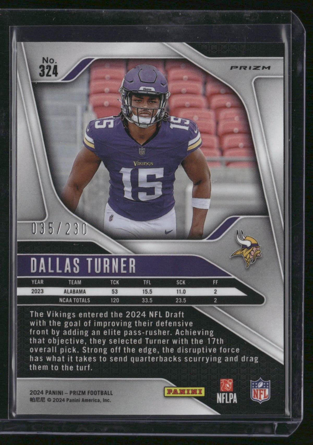 Dallas Turner 2024 Panini Prizm #324 Blue Wave /230 RC