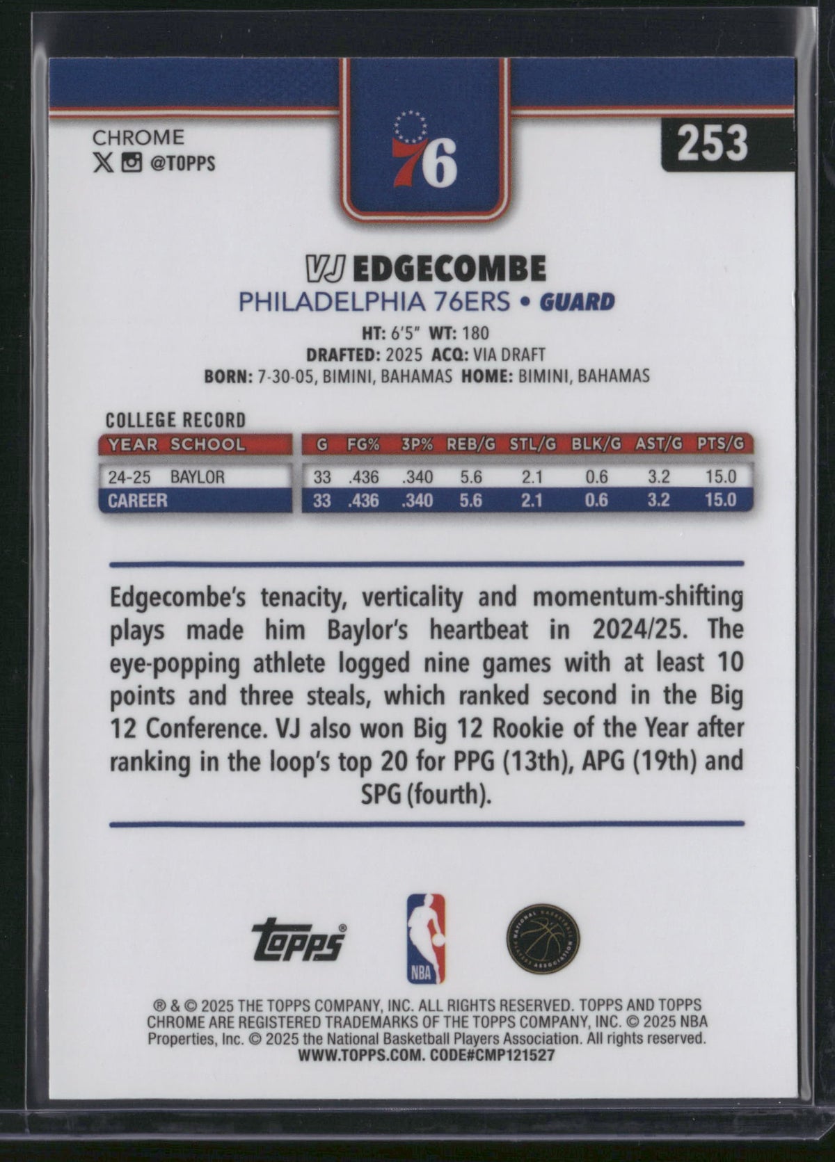 VJ Edgecombe 2025 Topps Chrome #253 Pink /399 RC