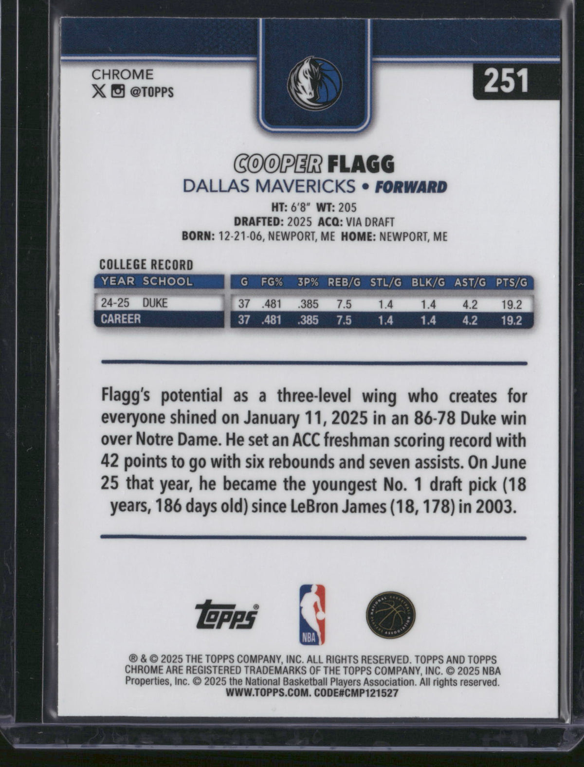 Cooper Flagg 2025 Topps Chrome #251 Refractor RC