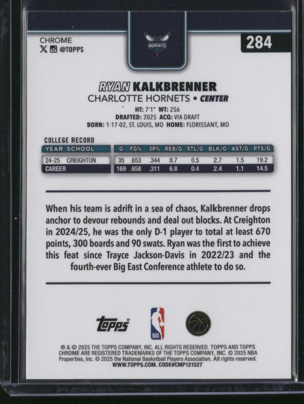Ryan Kalkbrenner 2025 Topps Chrome Basketball #284 Aqua RayWave /199 RC