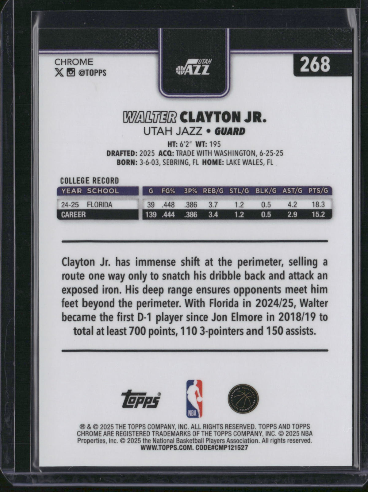 Walter Clayton Jr. 2025 Topps Chrome #268 True Red /5 Refractor RC Grizzlies