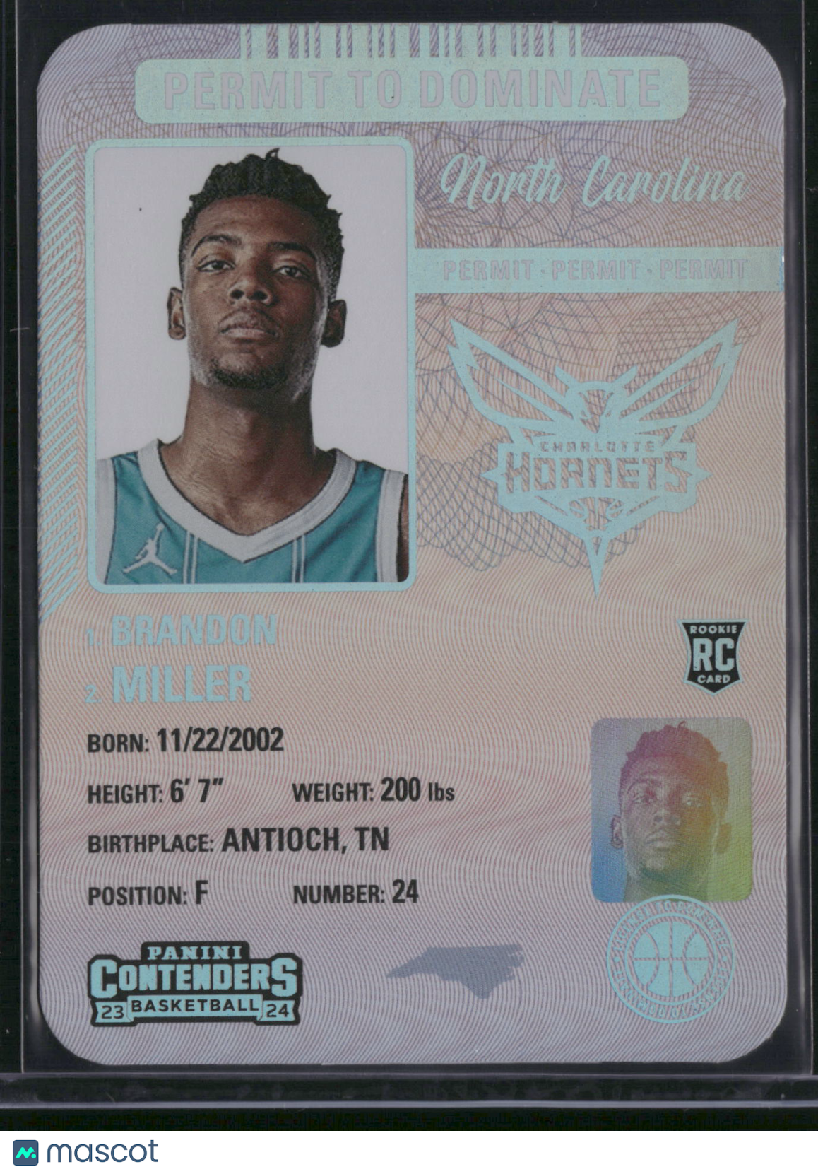 Brandon Miller 2024 Panini Contenders Basketball Permit to Dominate #8 RC