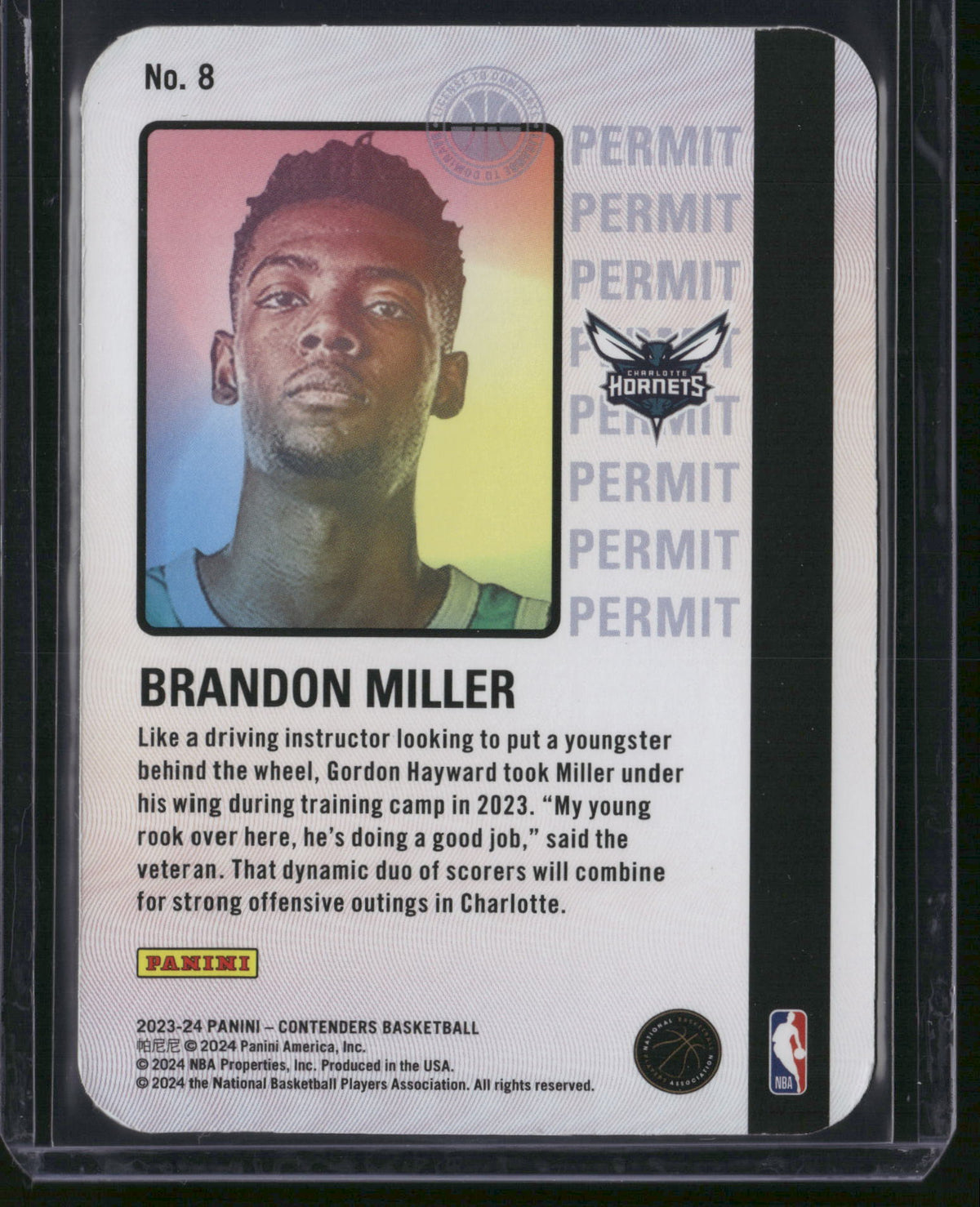Brandon Miller 2024 Panini Contenders Basketball Permit to Dominate #8 RC