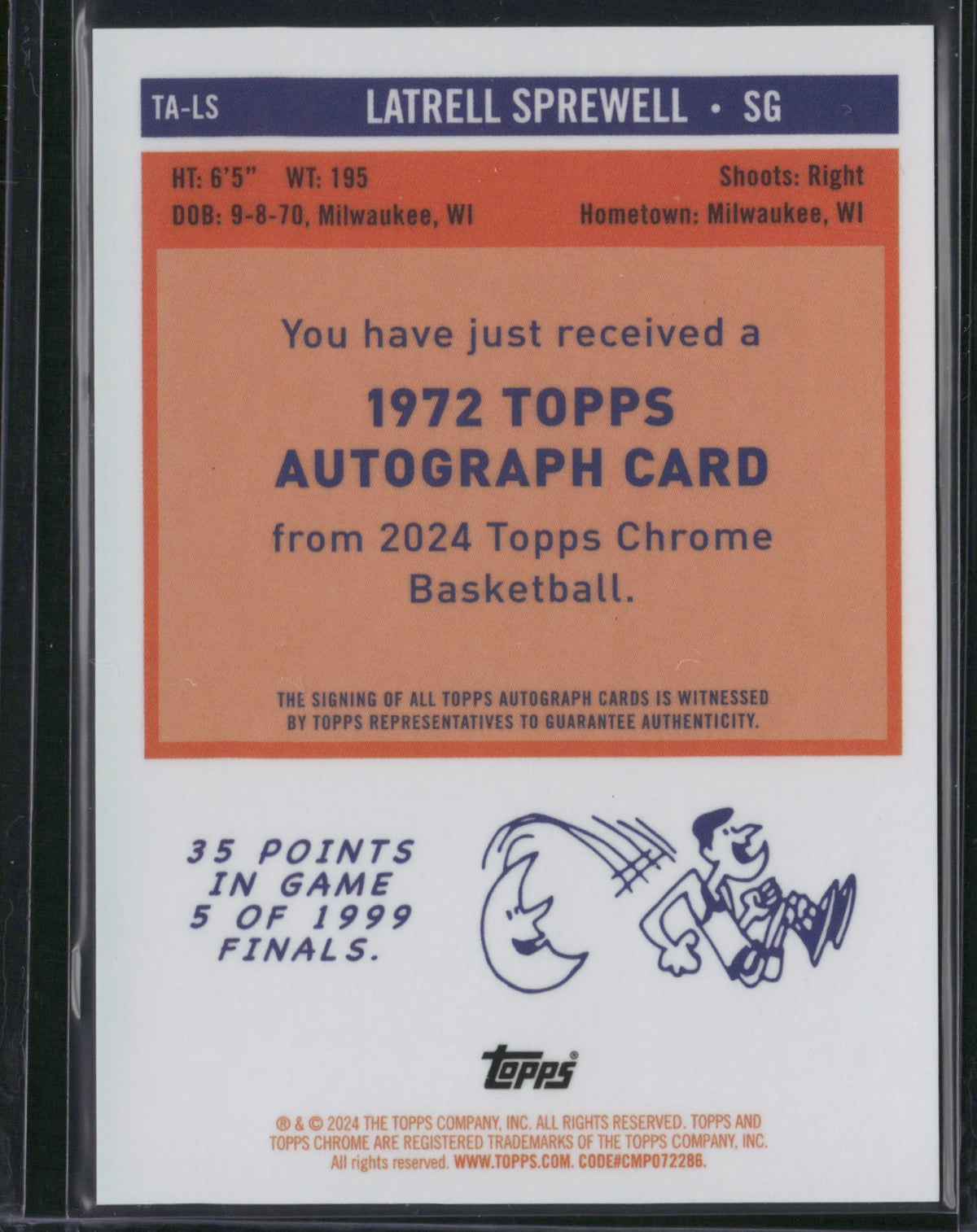 Latrell Sprewell 2024 Topps Chrome Basketball #TA-LS Orange Refractor /25
