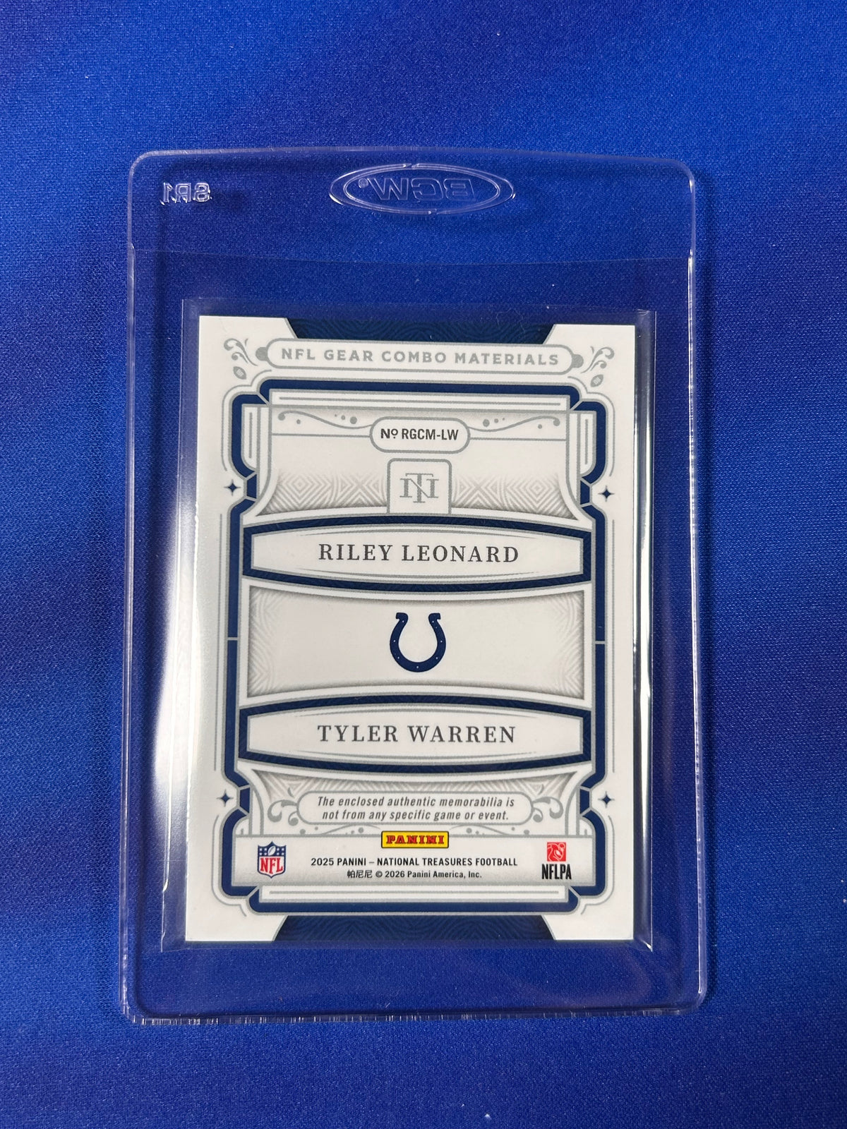 Riley Leonard Tyler Warren 2026 Panini National Treasures NFL Gear Materials #RGCM-LW Clothing Patch NFL Gear Materials RC