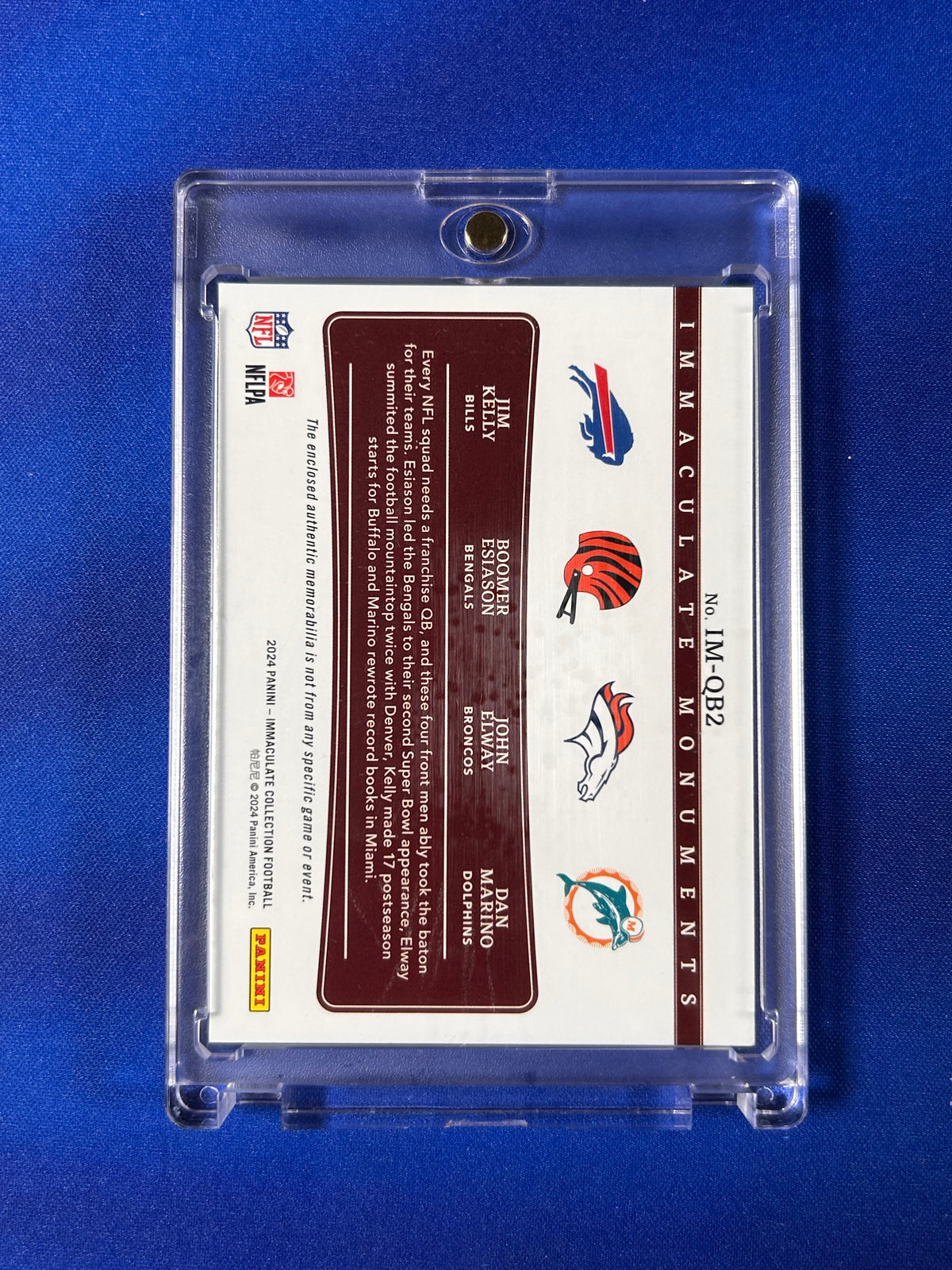 John Elway Jim Kelly Boomer Esiason Dan Marino 2024 Panini Immaculate Collection Immaculate Monuments #IM-QB2 /20 Quad Patch Memorabilia