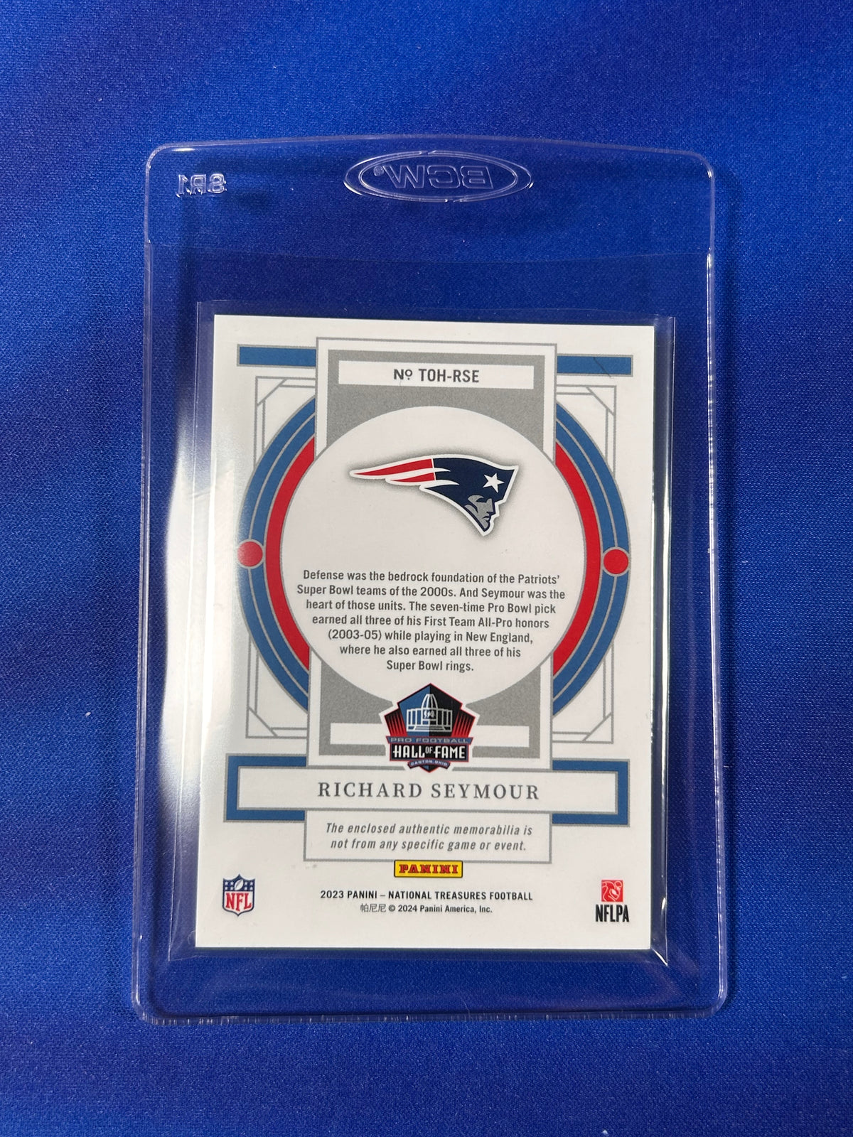 Richard Seymour 2024 Panini National Treasures Treasures of the Hall #TOH-RSE /10 Memorabilia Dual Patch