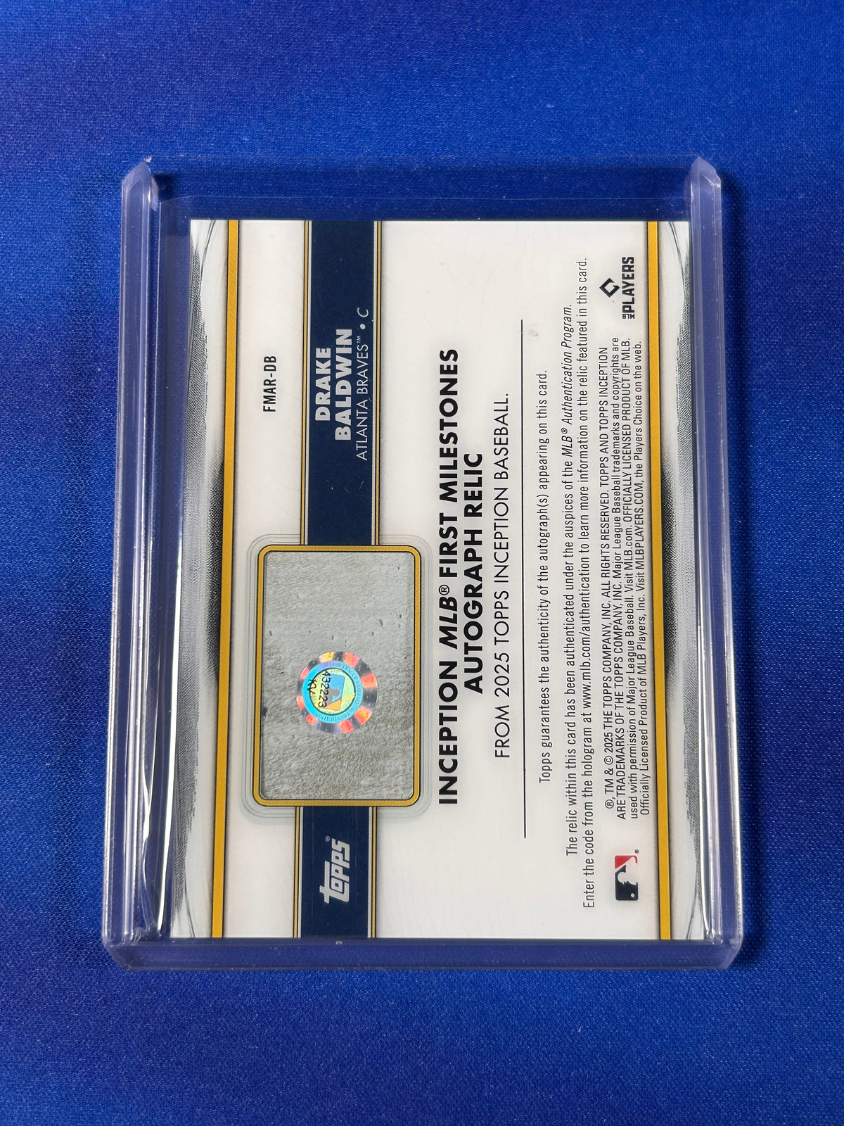 Drake Baldwin 2025 Topps Inception First Milestones #FMAR-DB /25 First Career Hit - Single RC Game-Used Memorabilia