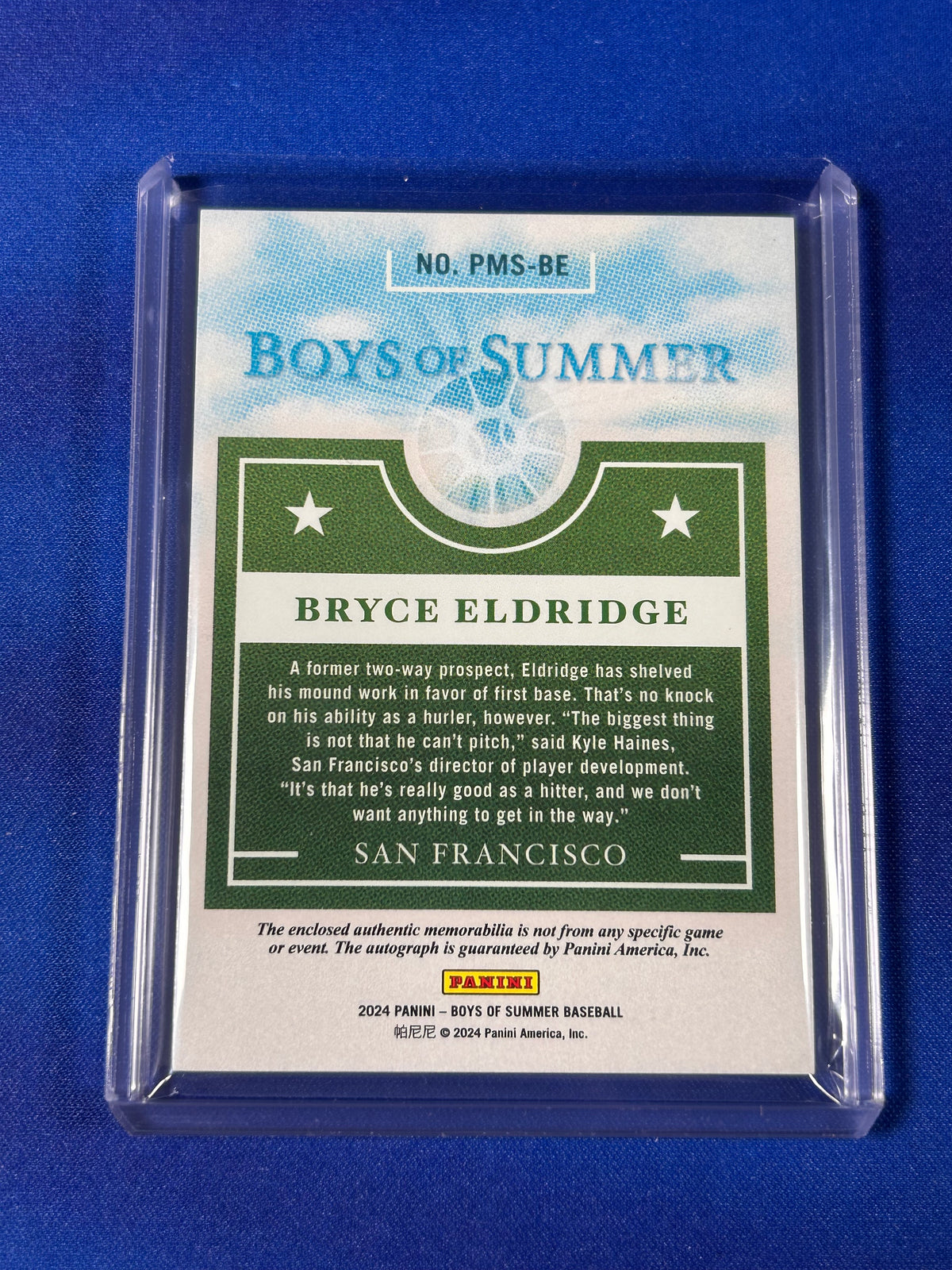 Bryce Eldridge 2024 Panini Boys of Summer #PMS-BE Authentic Memorabilia Memorabilia