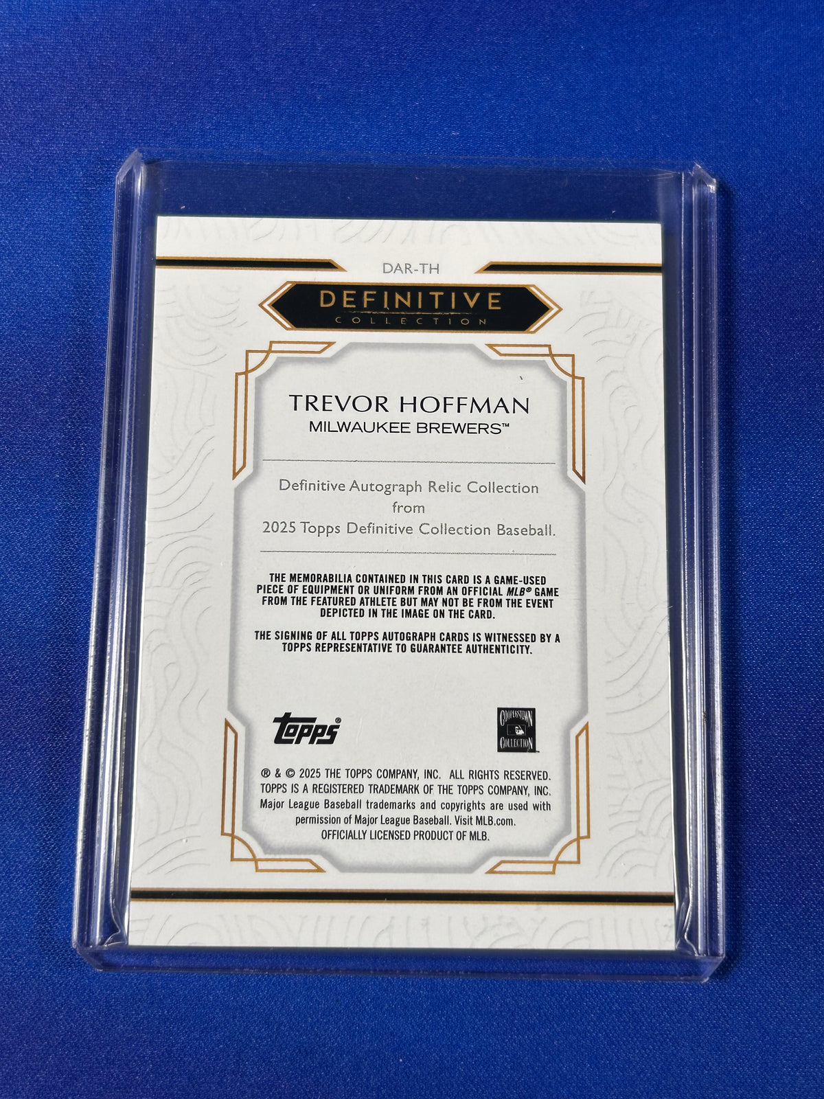 Trevor Hoffman 2025 Topps Definitive Collection #DAR-TH /50 Definitive Autograph Relic Collection Game-Used Memorabilia