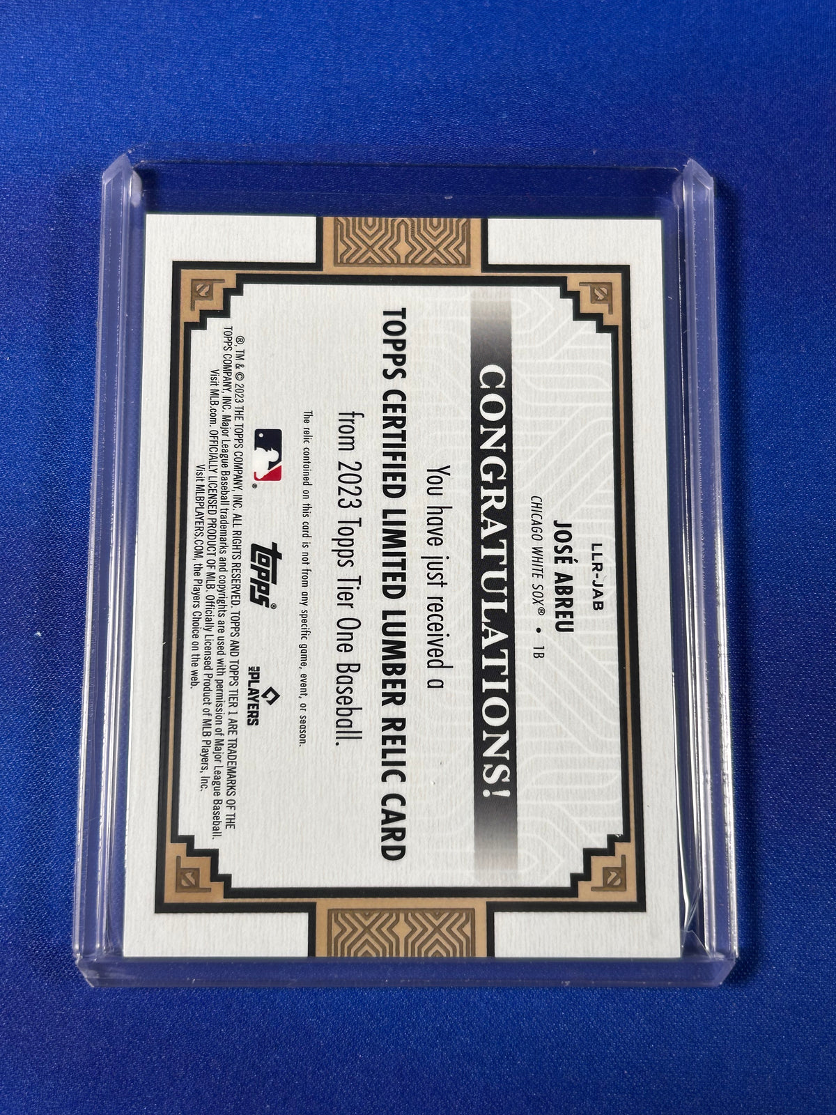 José Abreu 2023 Topps Tier One #LLR-JAB 1 of 1 /1 Limited Lumber Relic Card