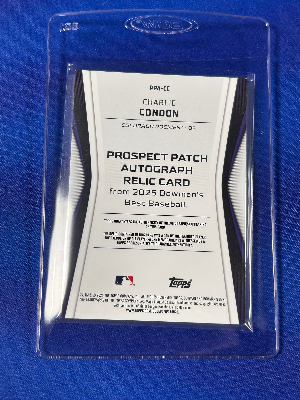 Charlie Condon 2025 Bowman's Best Baseball #PPA-CC /50 Prospect Patch Autograph Relic Card