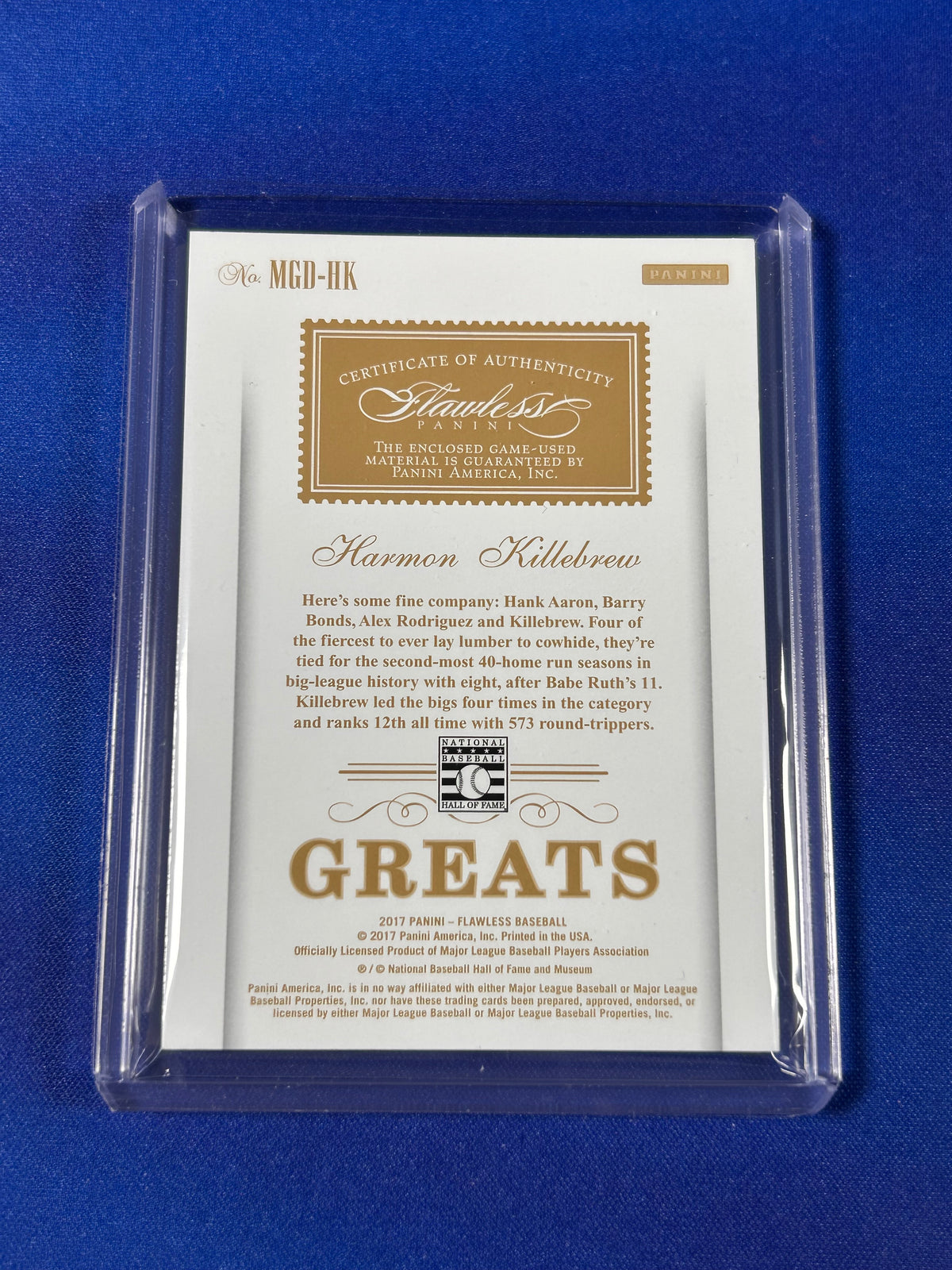 Harmon Killebrew 2017 Panini Flawless Greats #MGD-HK Blue /15 Game-Used Material
