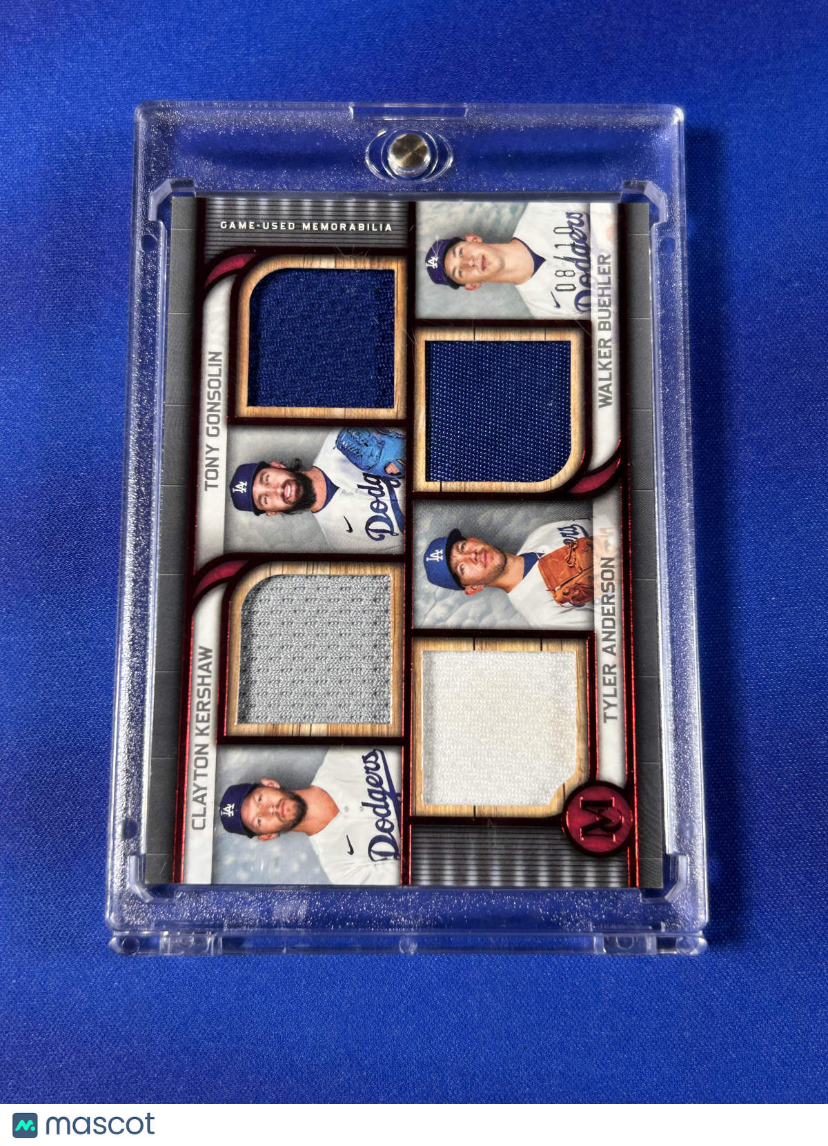 Walker Buehler Clayton Kershaw Tony Gonsolin Tyler Anderson 2023 Topps Museum Collection #PPQR-KGAB Quad Relic Game-Used Memorabilia