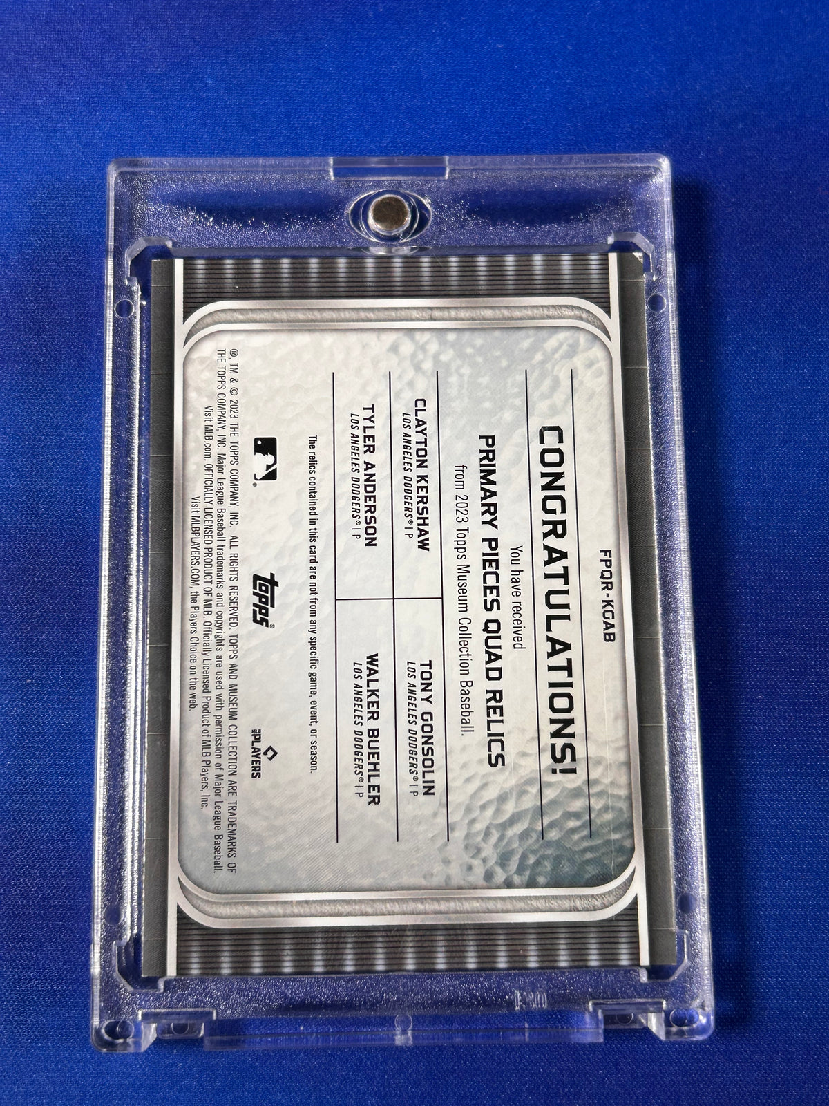Walker Buehler Clayton Kershaw Tony Gonsolin Tyler Anderson 2023 Topps Museum Collection #PPQR-KGAB Quad Relic Game-Used Memorabilia