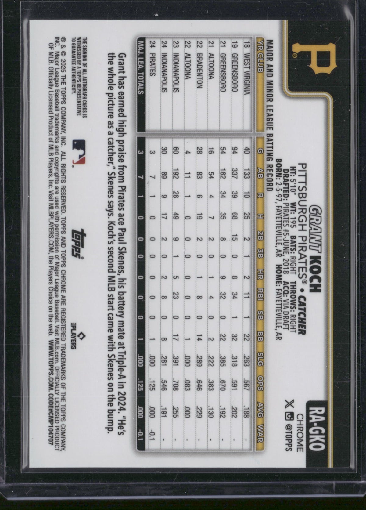 Grant Koch 2025 Topps Chrome #RA-GKO Purple Refractor /250 RC