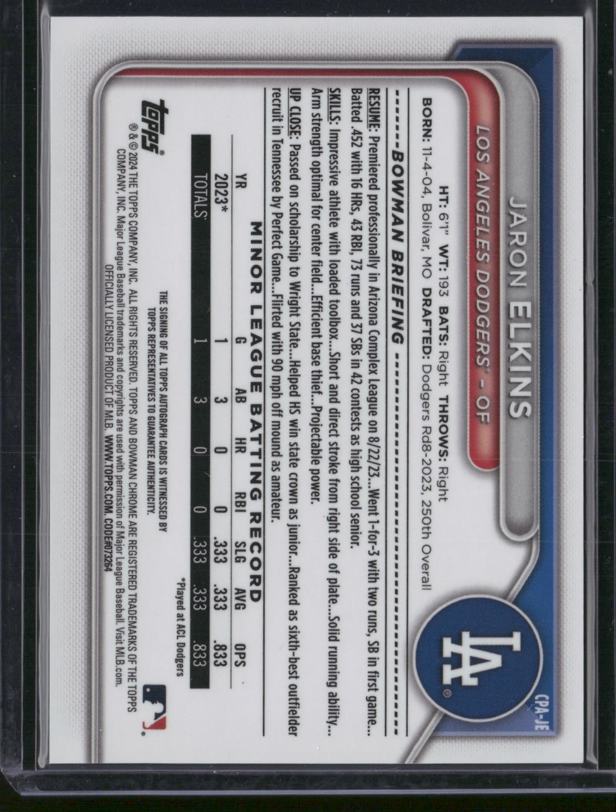 Jaron Elkins 2024 Topps Bowman Chrome #CPA-JE Green Refractor /99 1st Bowman