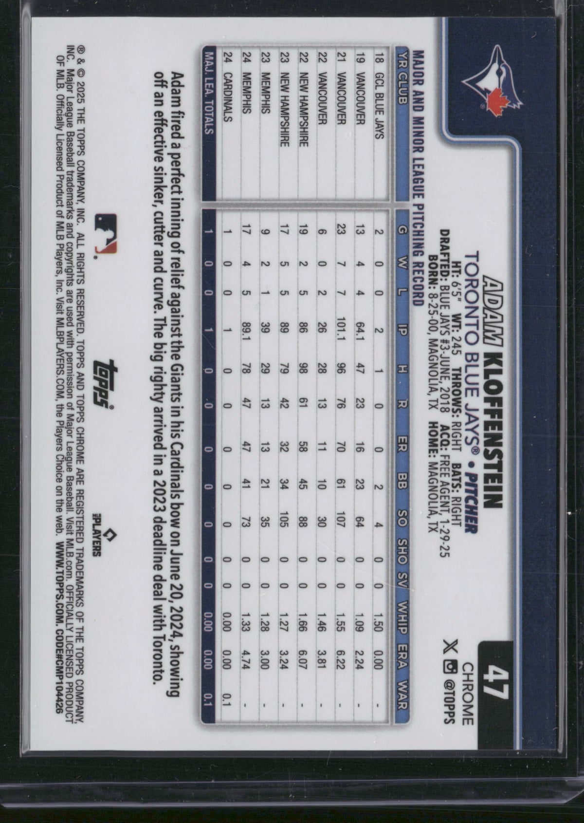 Adam Kloffenstein 2025 Topps Chrome Sapphire Edition #47 /50 RC