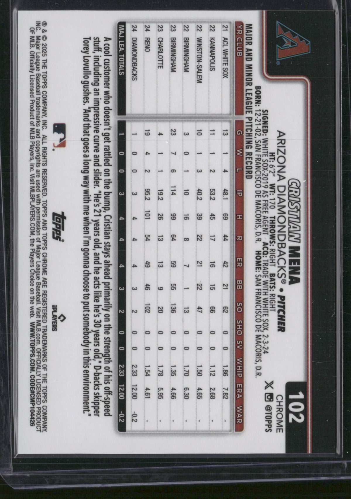 Cristian Mena 2024 Topps Chrome #102 Red Atomic Refractor /25 RC