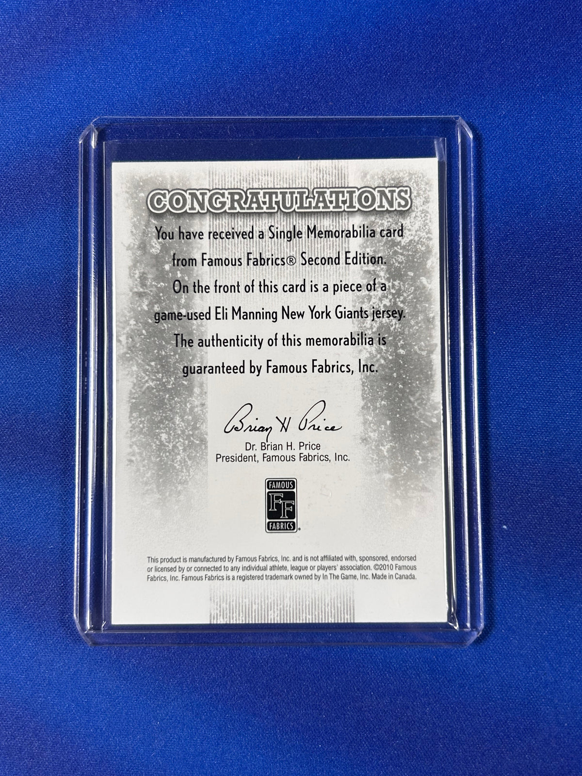 Eli Manning 2010 Famous Fabrics Holiday Bonus /4 Game-Used Jersey Memorabilia