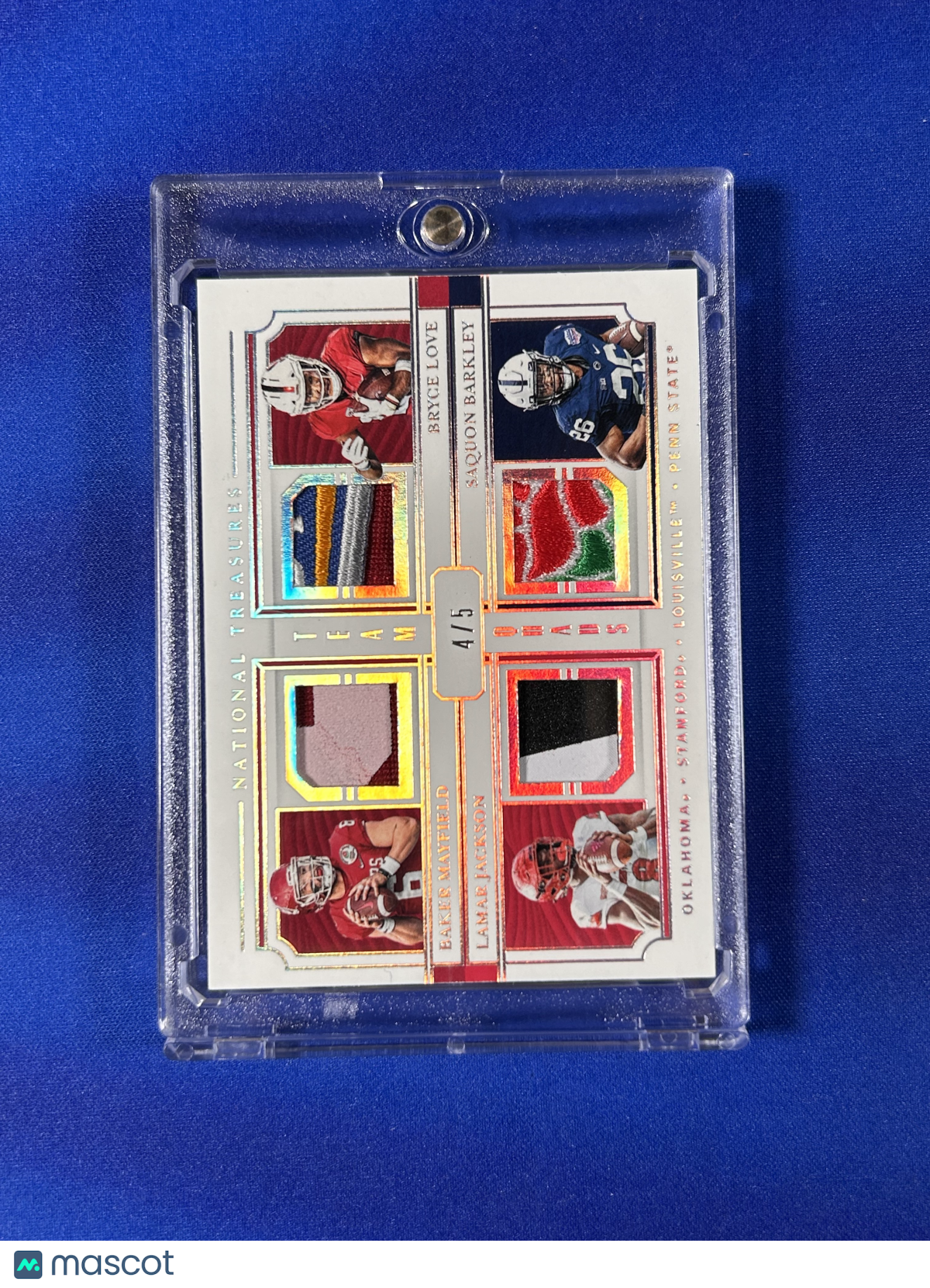 Baker Mayfield Saquon Barkley Bryce Love Lamar Jackson 2019 Panini National Treasures Collegiate #9 /5 Quad Patch Player-Worn Materials
