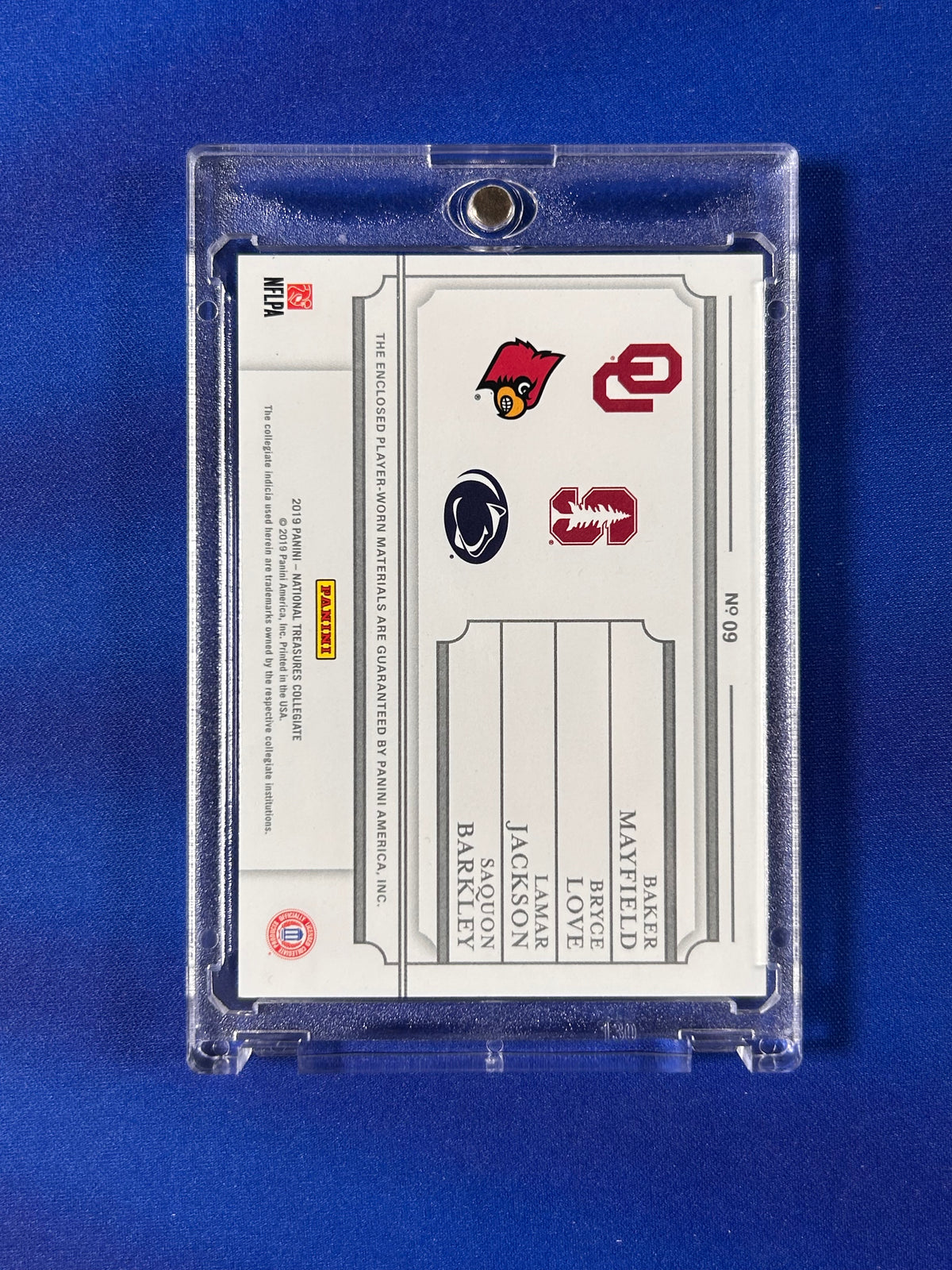 Baker Mayfield Saquon Barkley Bryce Love Lamar Jackson 2019 Panini National Treasures Collegiate #9 /5 Quad Patch Player-Worn Materials