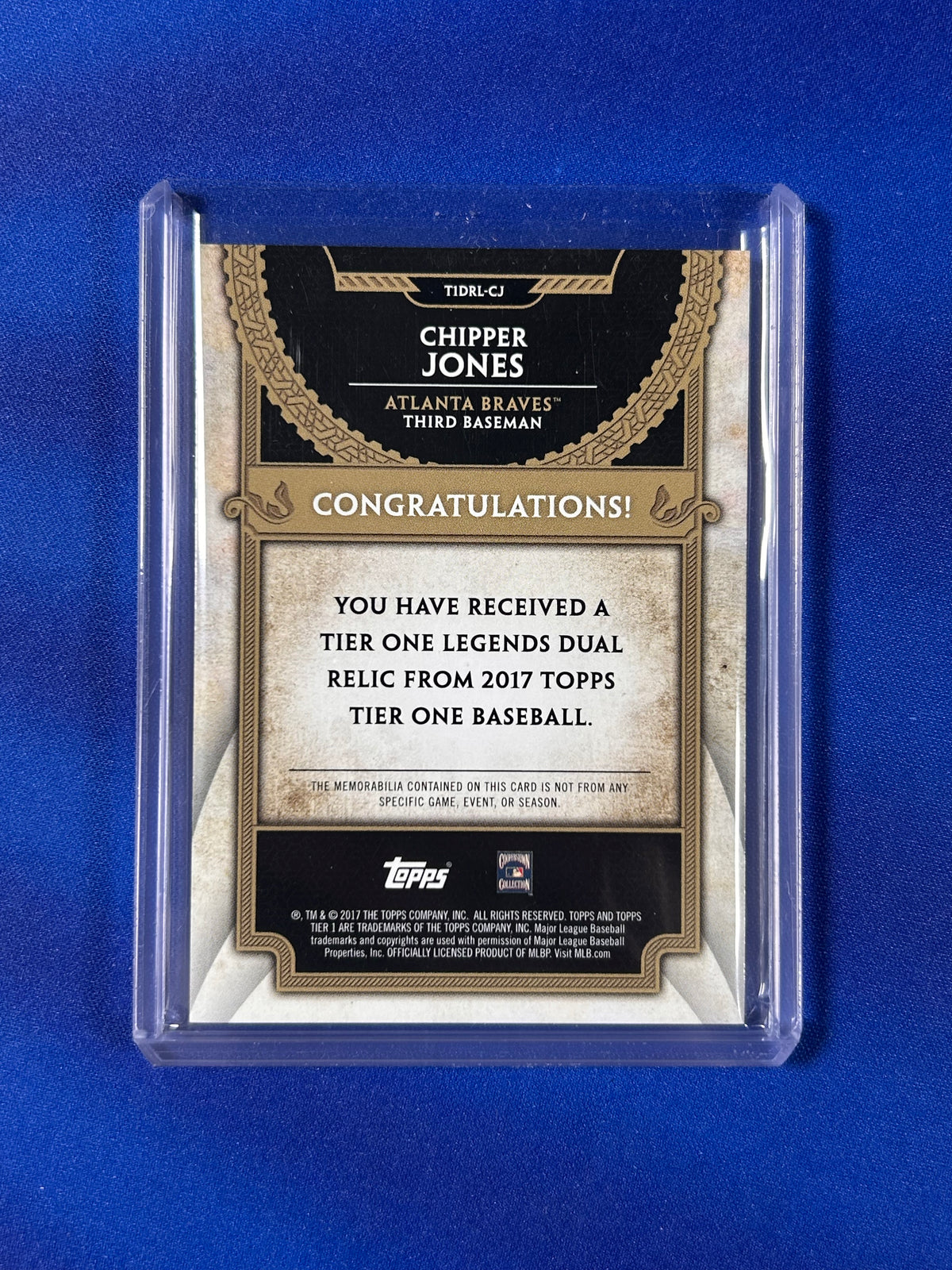 Chipper Jones 2017 Topps Tier One #T1DRL-CJ /25 Tier One Legends Dual Relic Game-Used Memorabilia