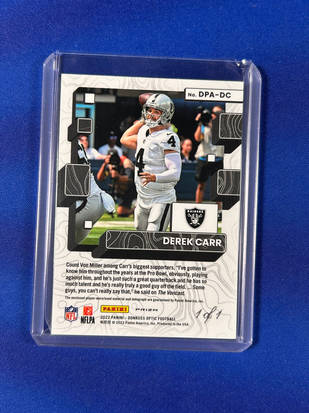 Derek Carr 2023 Donruss Optic Patch Auto #DPA-DC Gold Vinyl 1/1 Nike Swoosh