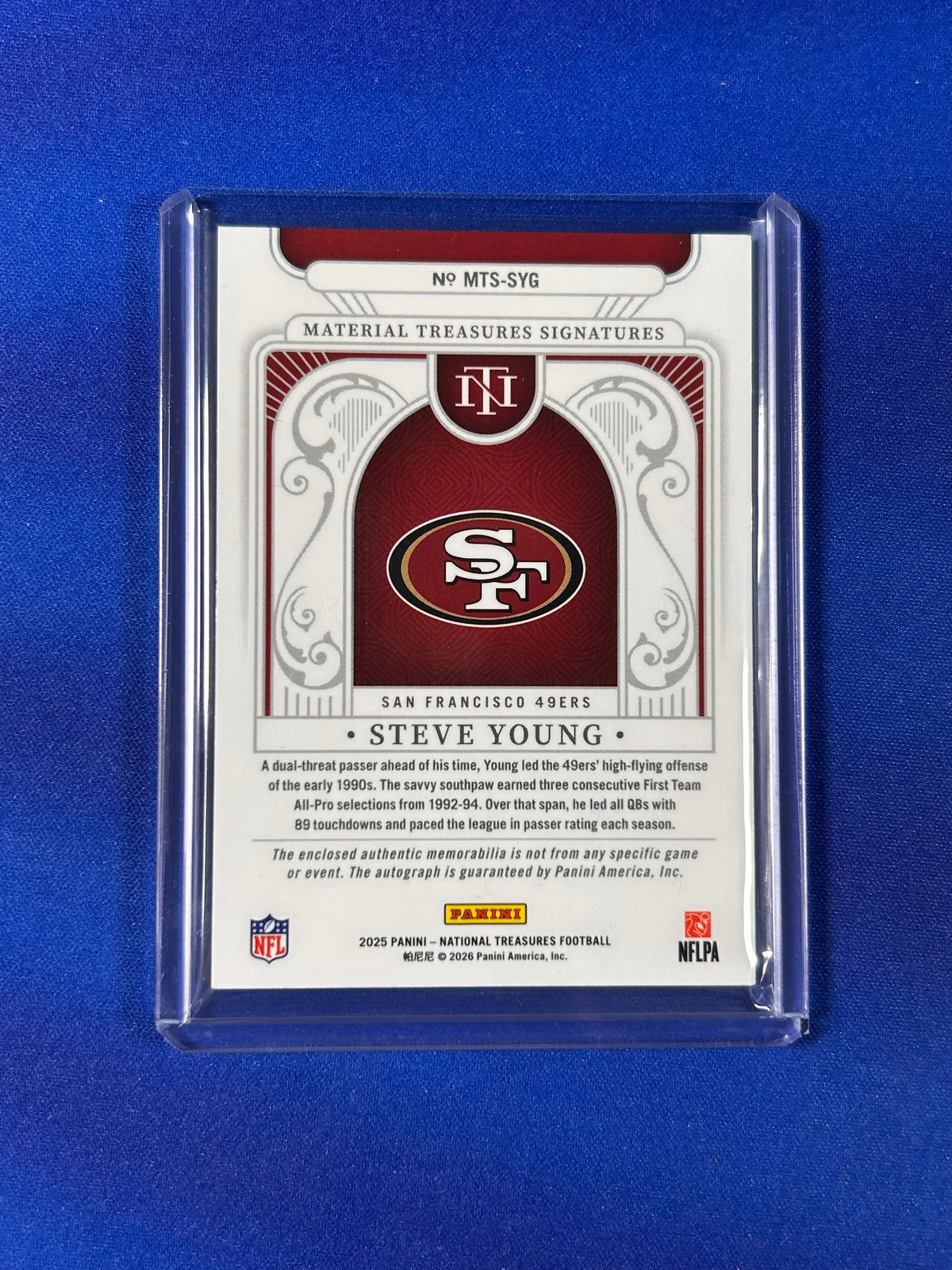 Steve Young 2026 Panini National Treasures Material Treasures Signatures #MTS-SYG /49 Jersey Patch Memorabilia