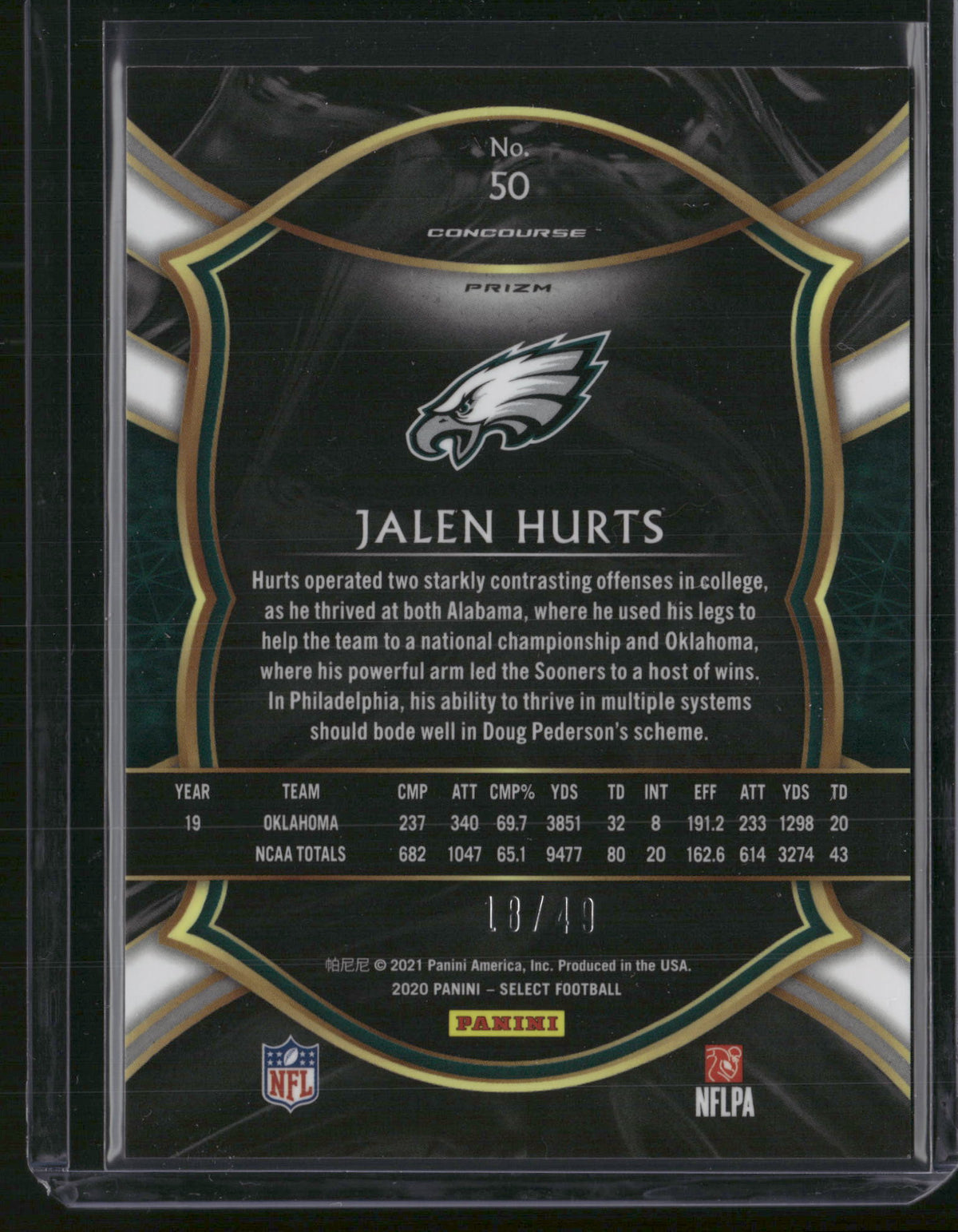 Jalen Hurts 2021 Panini Select Prizm Concourse #50 Red Disco /49