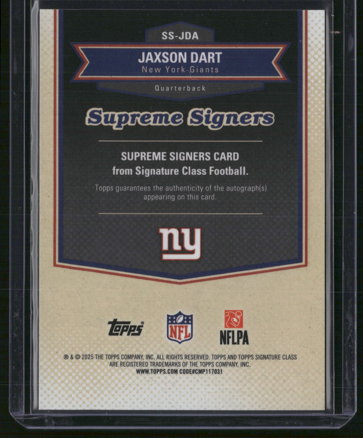 Jaxson Dart 2025 Topps Signature Class Supreme Signers #SS-JDA /25 RC