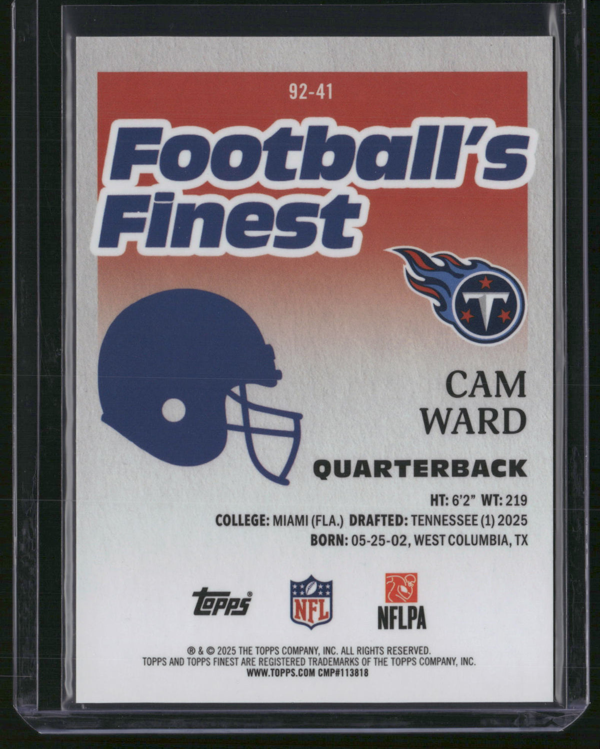 Cam Ward 2025 Topps Football's Finest #92-41 RC