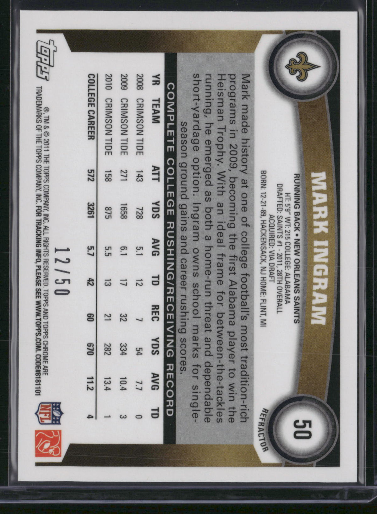 Mark Ingram 2011 Topps Chrome #50 Gold Refractor RC