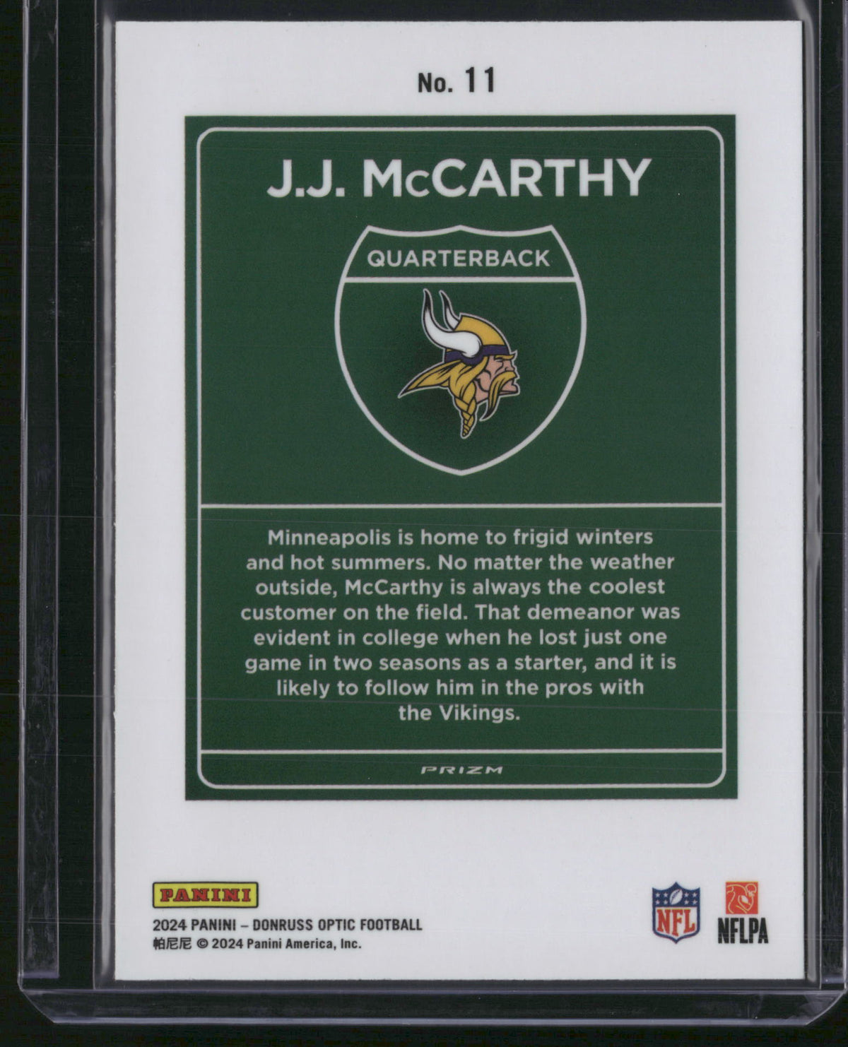 J.J. McCarthy 2024 Panini Donruss Optic Downtown #11 RC