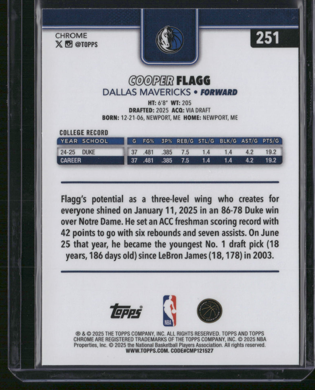 Cooper Flagg 2025 Topps Chrome #251 Prizm Refractor RC